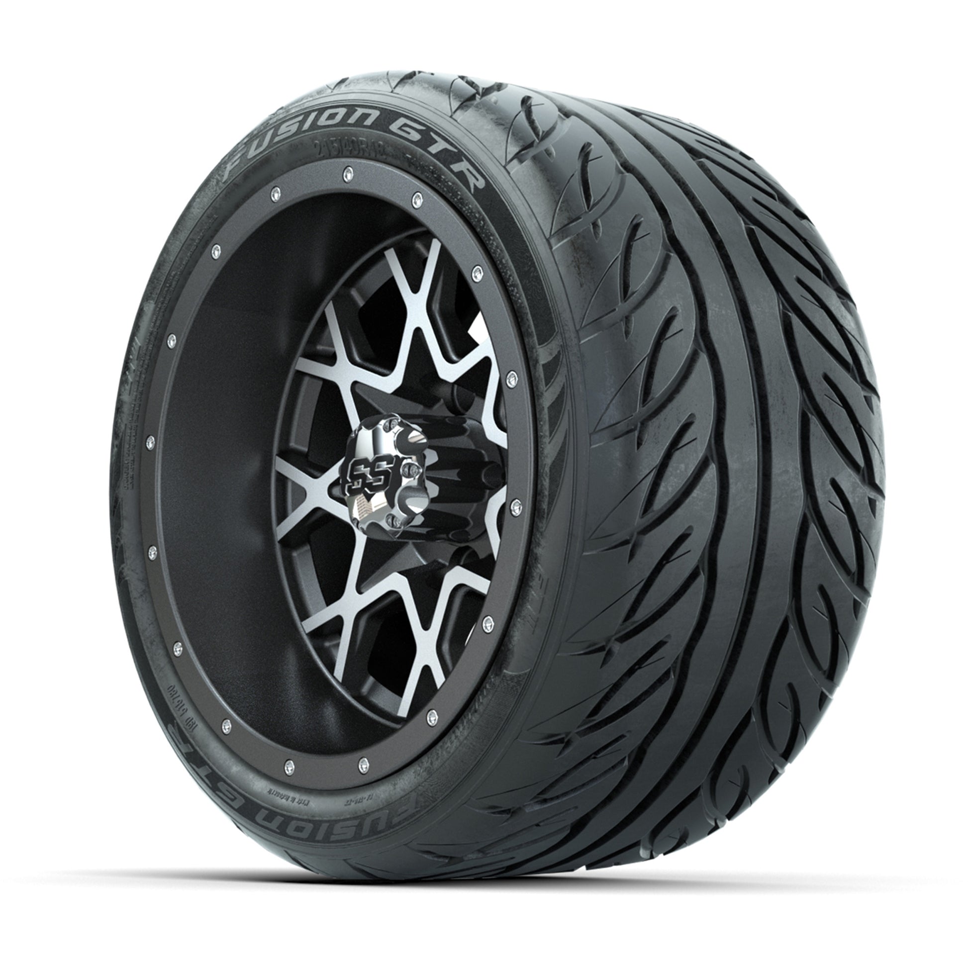 GTW® Vortex 2 Matte Gray/Machined 12 in Wheels with 215/40-R12 Fusion GTR Steel Belt Radial Street Tires – Full Set