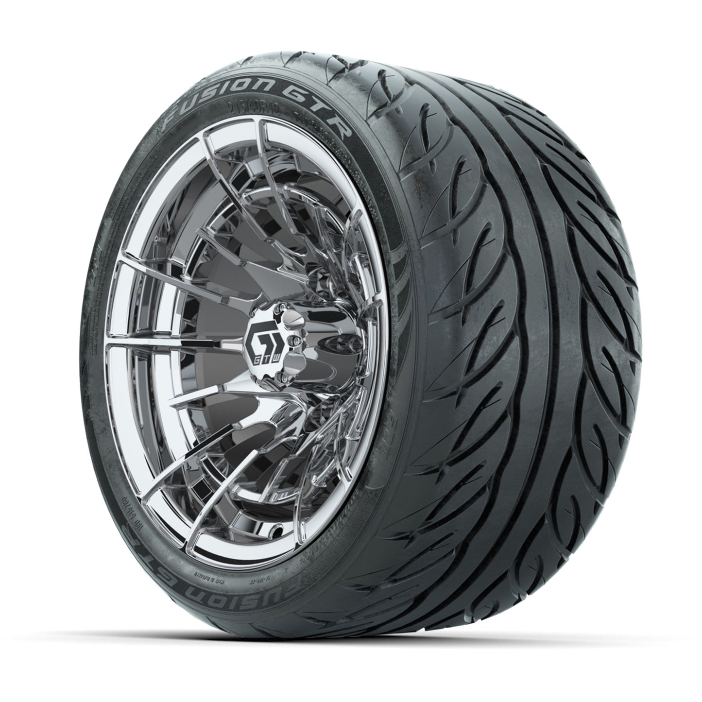 GTW® Boost Chrome 12 in Wheels with 215/40-R12 Fusion GTR Steel Belt Radial Street Tires – Full Set