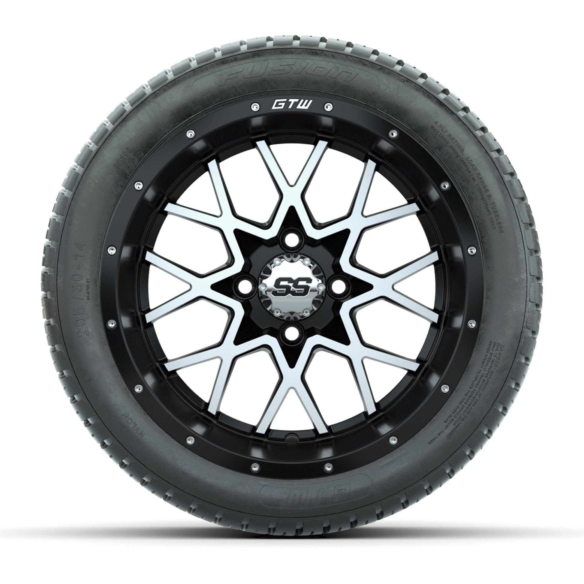 GTW® Vortex 2 Matte Black/Machined 14 in Wheels with 205/30-R14 Fusion Street Tires – Full Set