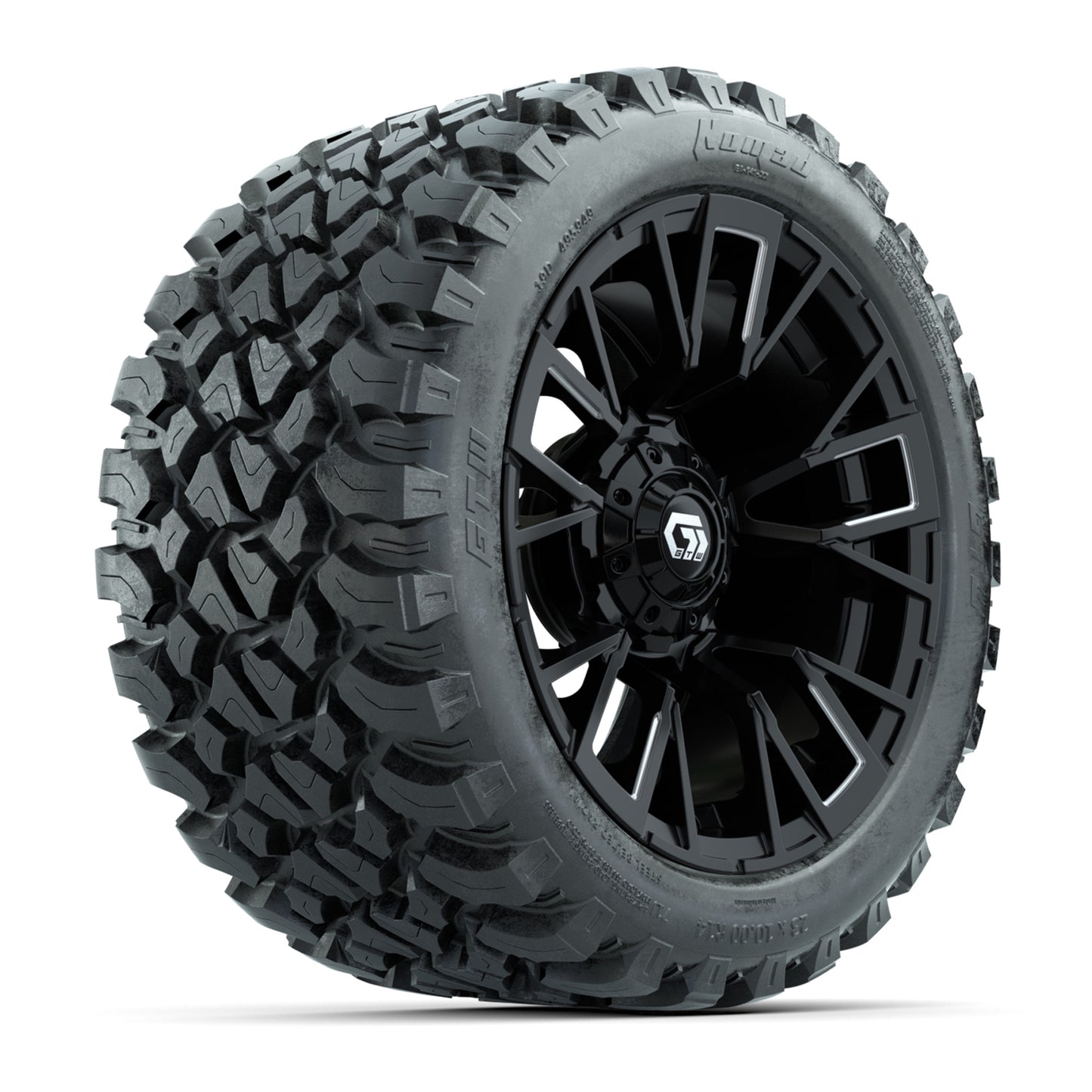 GTW® Vandal Matte Black/Machined 14 in Wheels with 23X10-R14 Nomad Steel Belt Radial All-Terrain Tires – Full Set