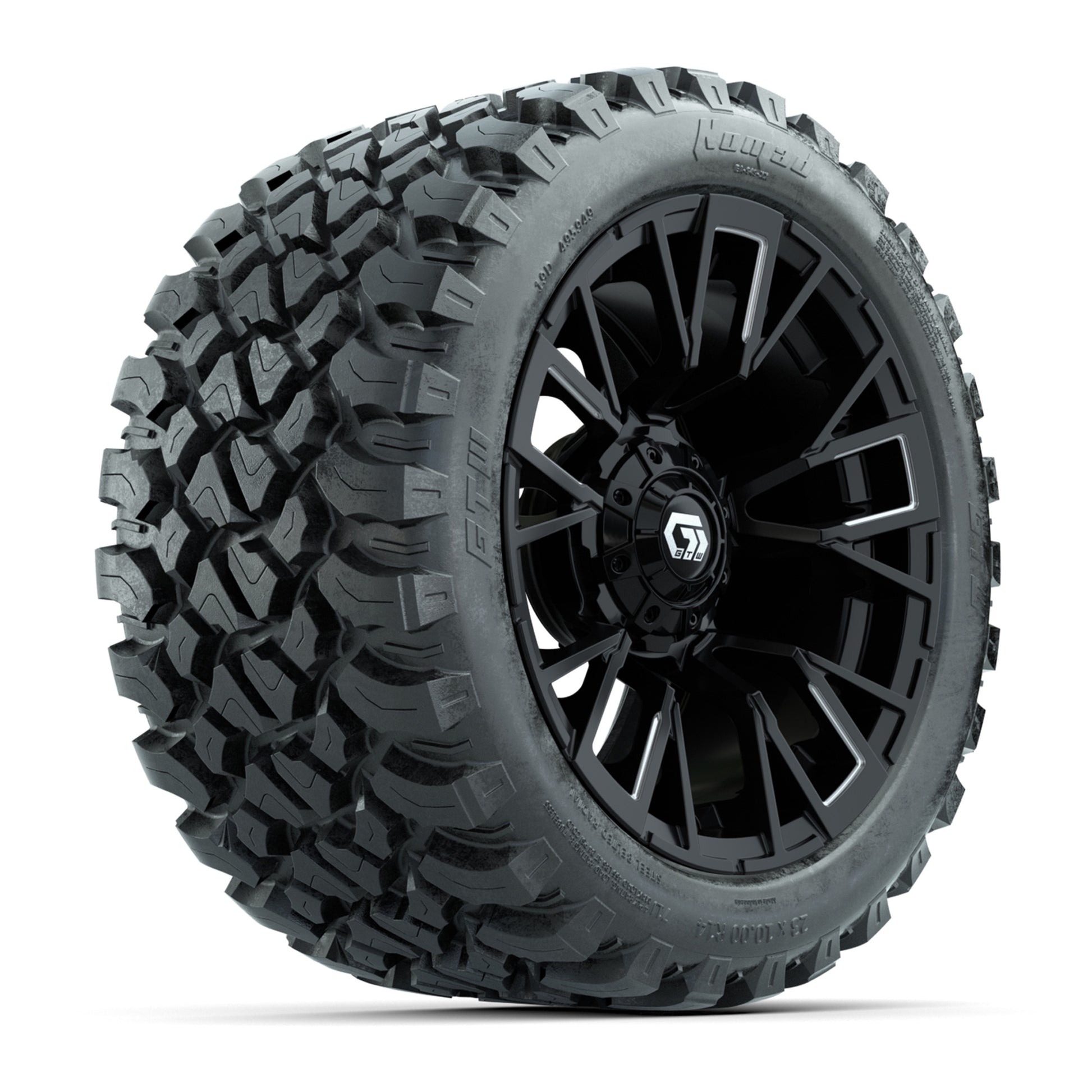 GTW® Vandal Matte Black/Machined 14 in Wheels with 23X10-R14 Nomad Steel Belt Radial All-Terrain Tires – Full Set