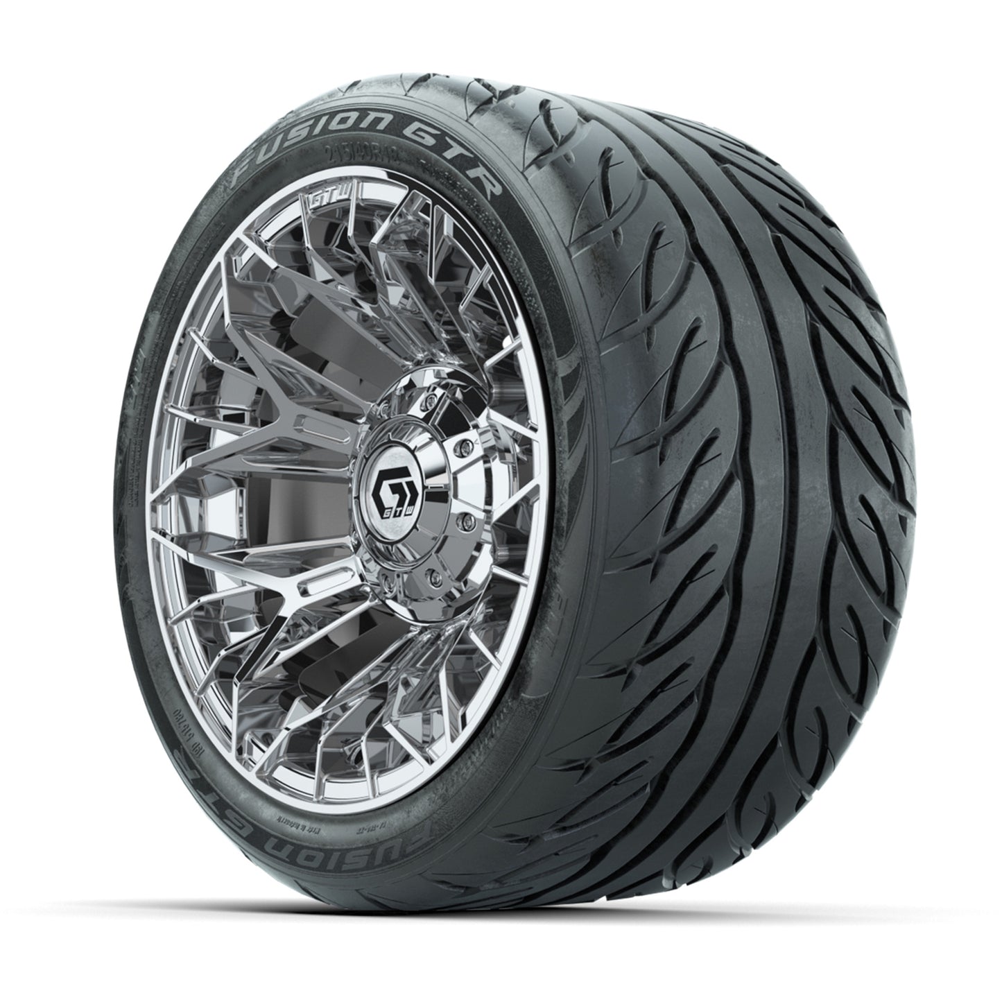 GTW® Stellar Chrome 12 in Wheels with 215/40-R12 Fusion GTR Steel Belt Radial Street Tires – Full Set