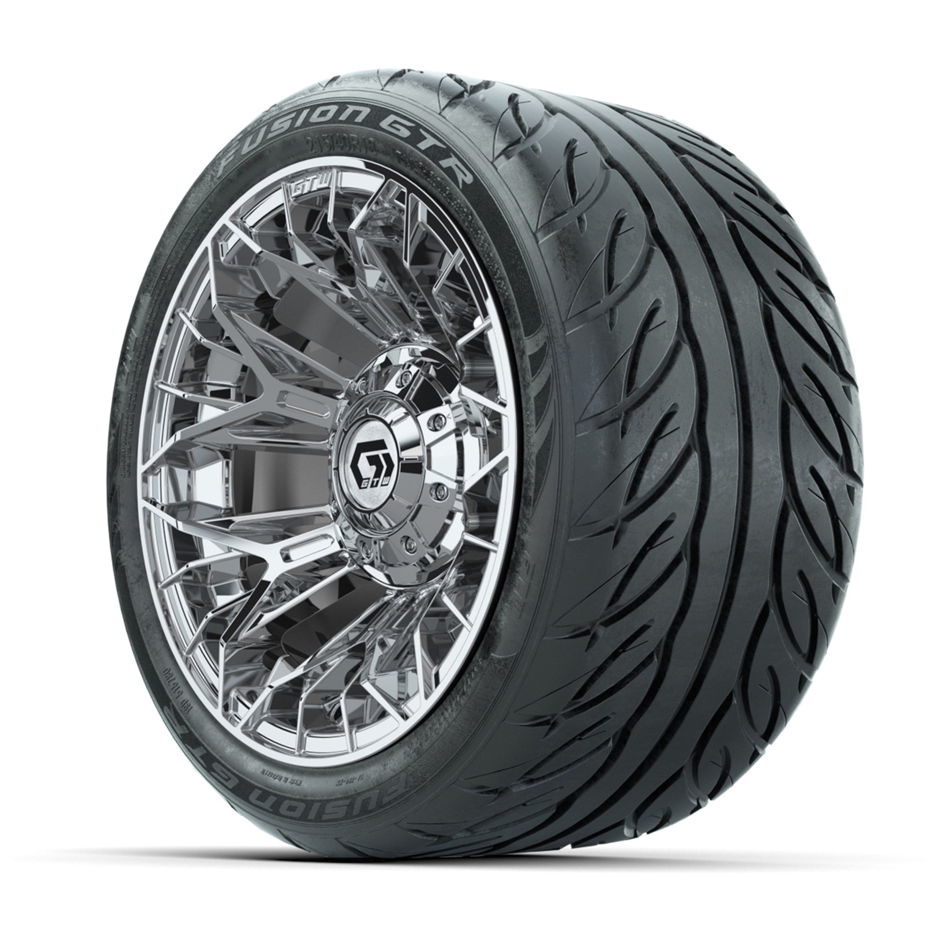 GTW® Stellar Chrome 12 in Wheels with 215/40-R12 Fusion GTR Steel Belt Radial Street Tires – Full Set