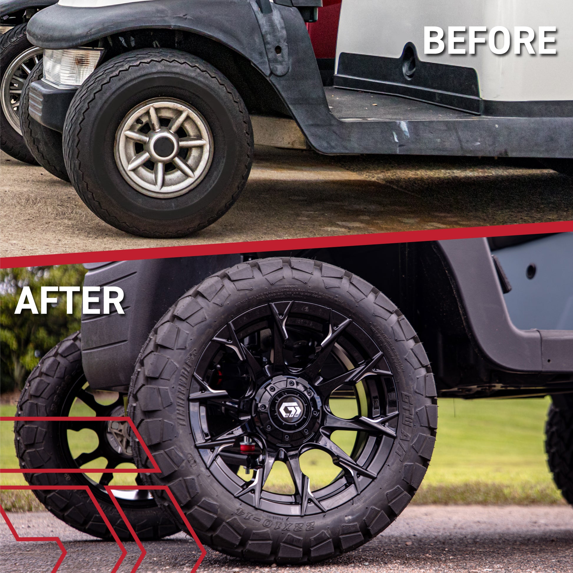 GTW Diablo Gloss Black/Machined 14 in Wheels with 25x10-14 Barrage Mud Tires – Full Set