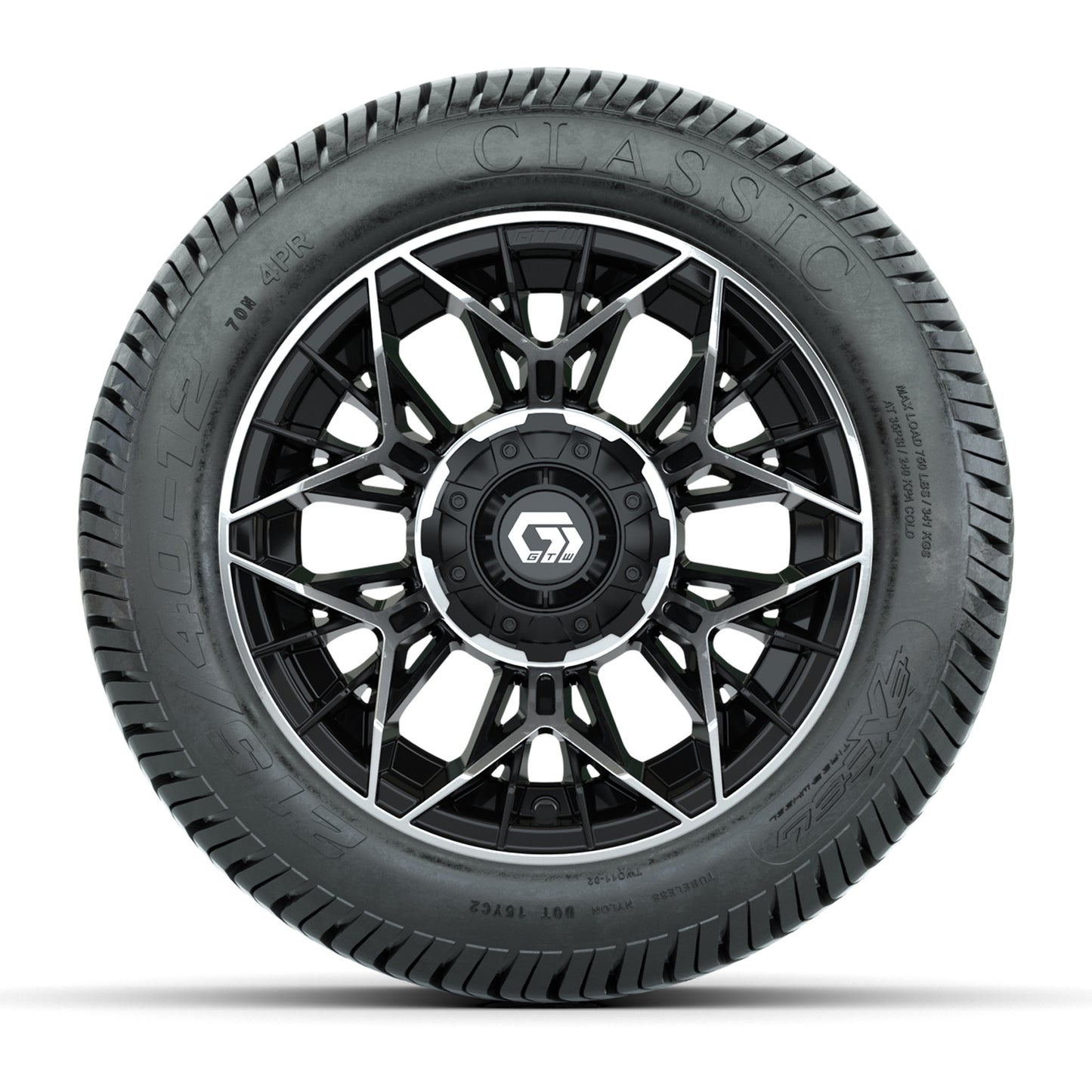 GTW® Stellar Black/Machined 12 in Wheels with 215/40-12 Excel Classic Street Tires – Full Set