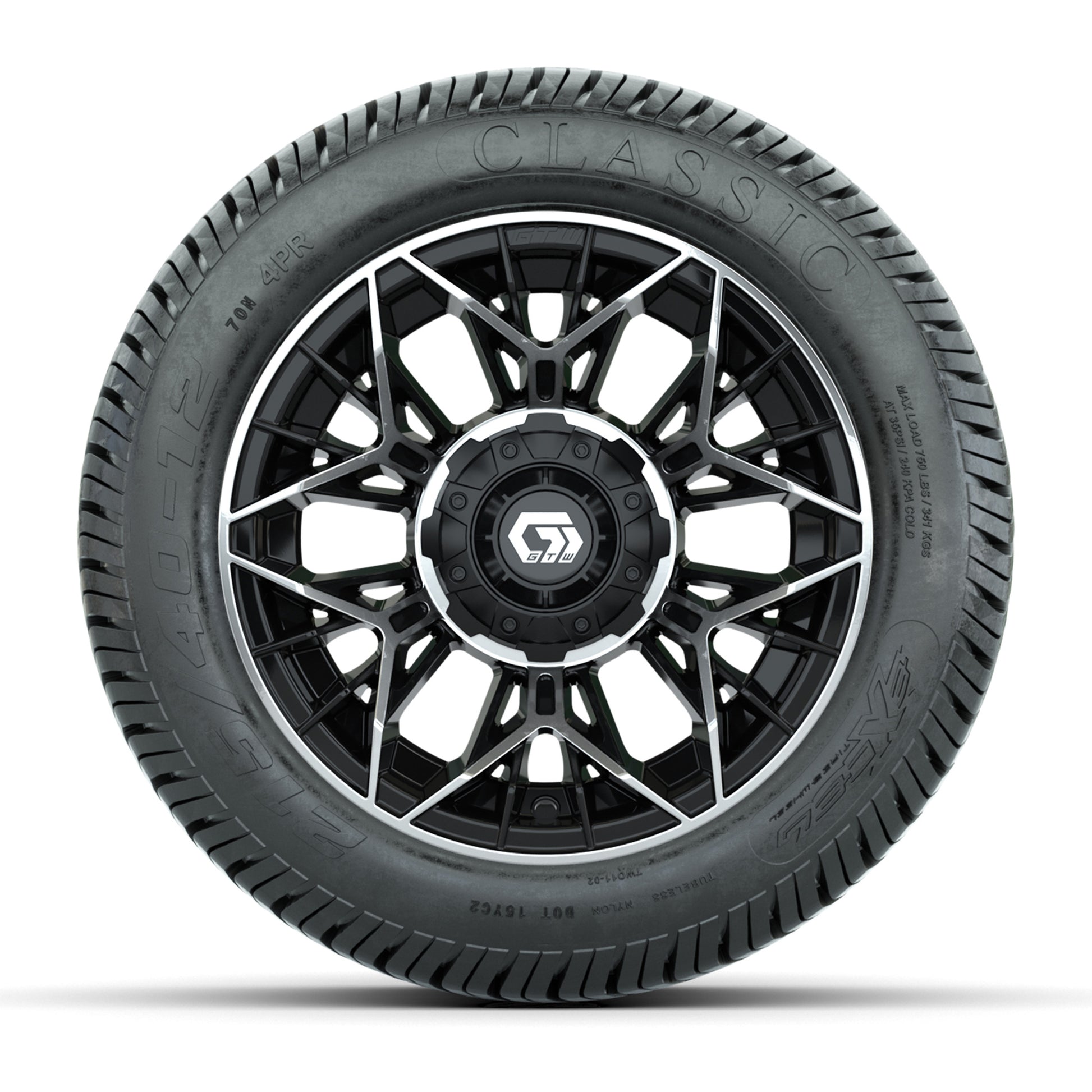 GTW® Stellar Black/Machined 12 in Wheels with 215/40-12 Excel Classic Street Tires – Full Set