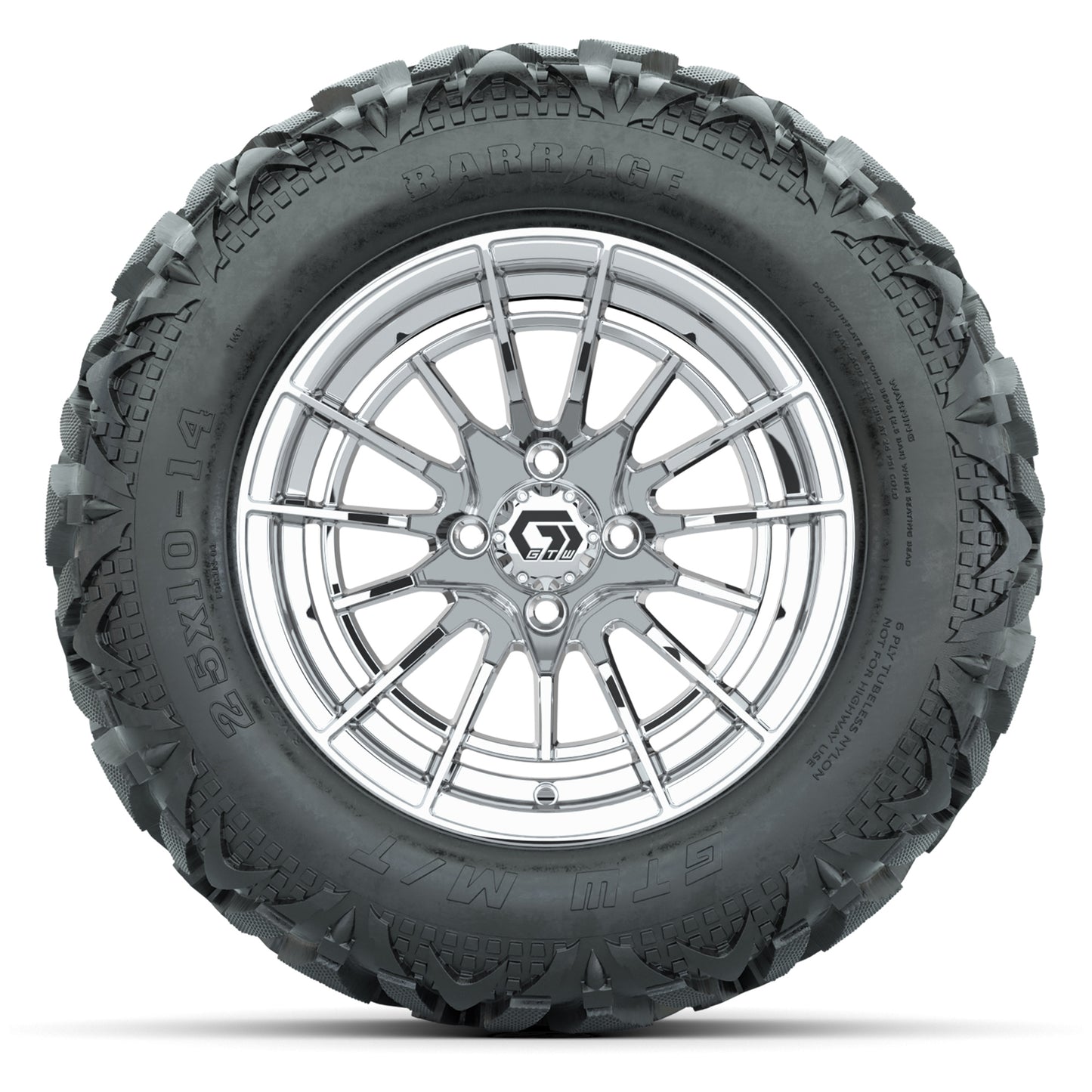 GTW Boost Chrome 14 in Wheels with 25x10-14 Barrage Mud Tires – Full Set