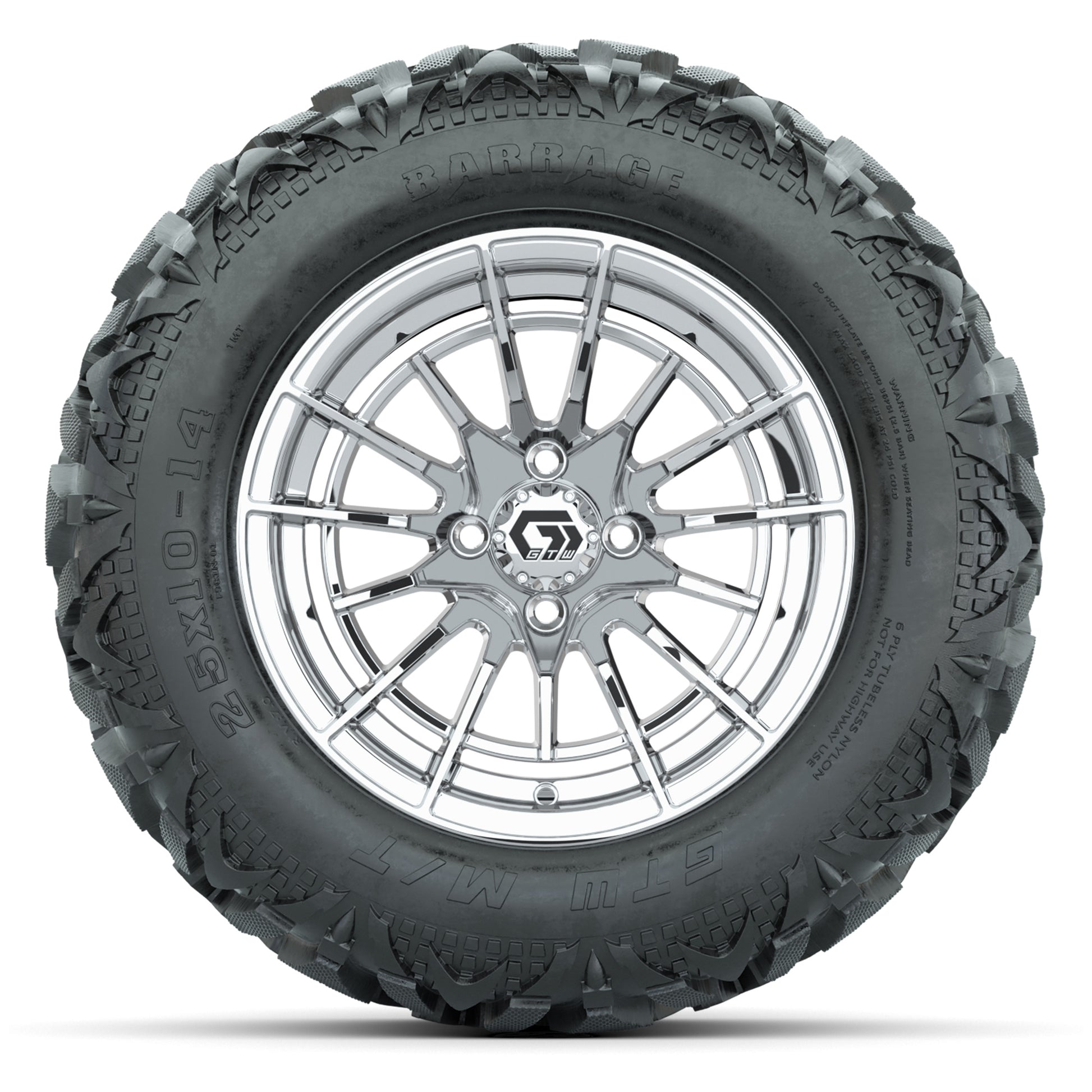 GTW Boost Chrome 14 in Wheels with 25x10-14 Barrage Mud Tires – Full Set