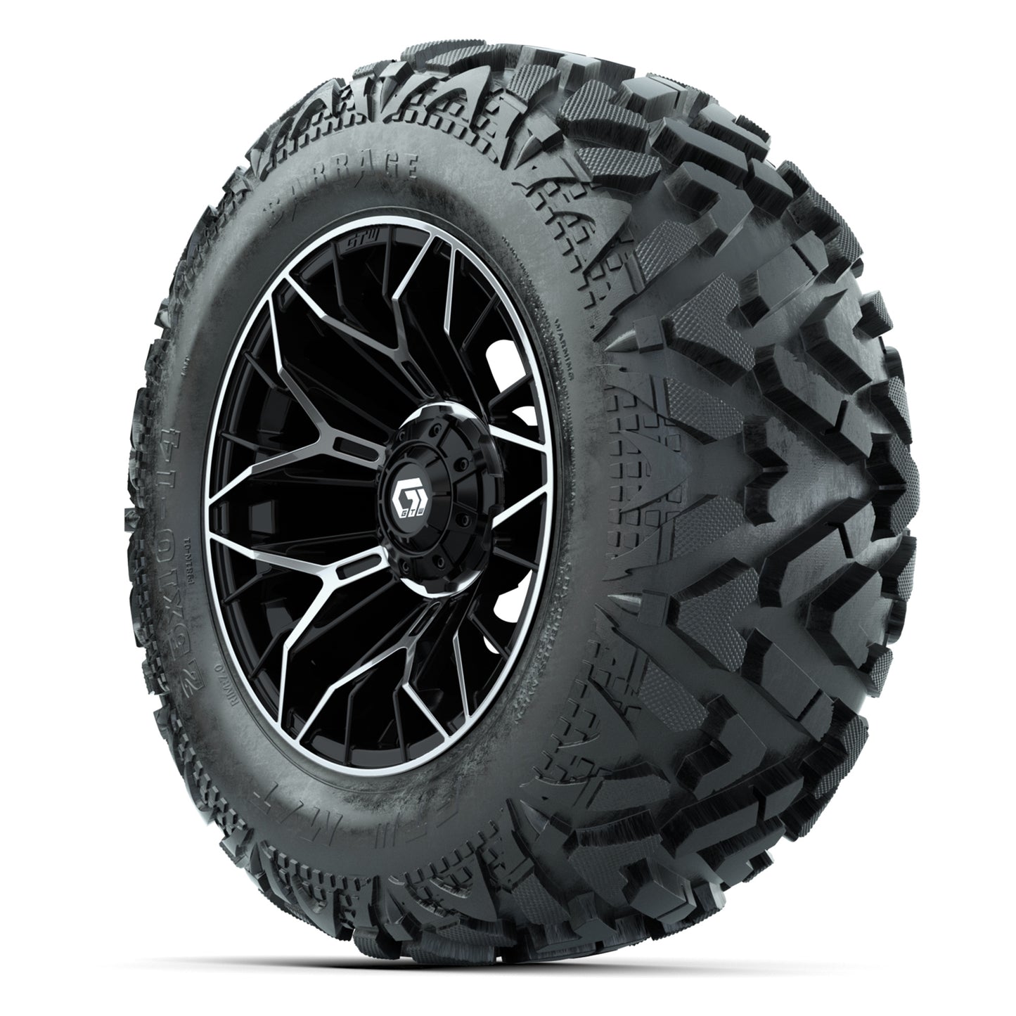 GTW Stellar Black/Machined 14 in Wheels with 25x10-14 Barrage Mud Tires – Full Set