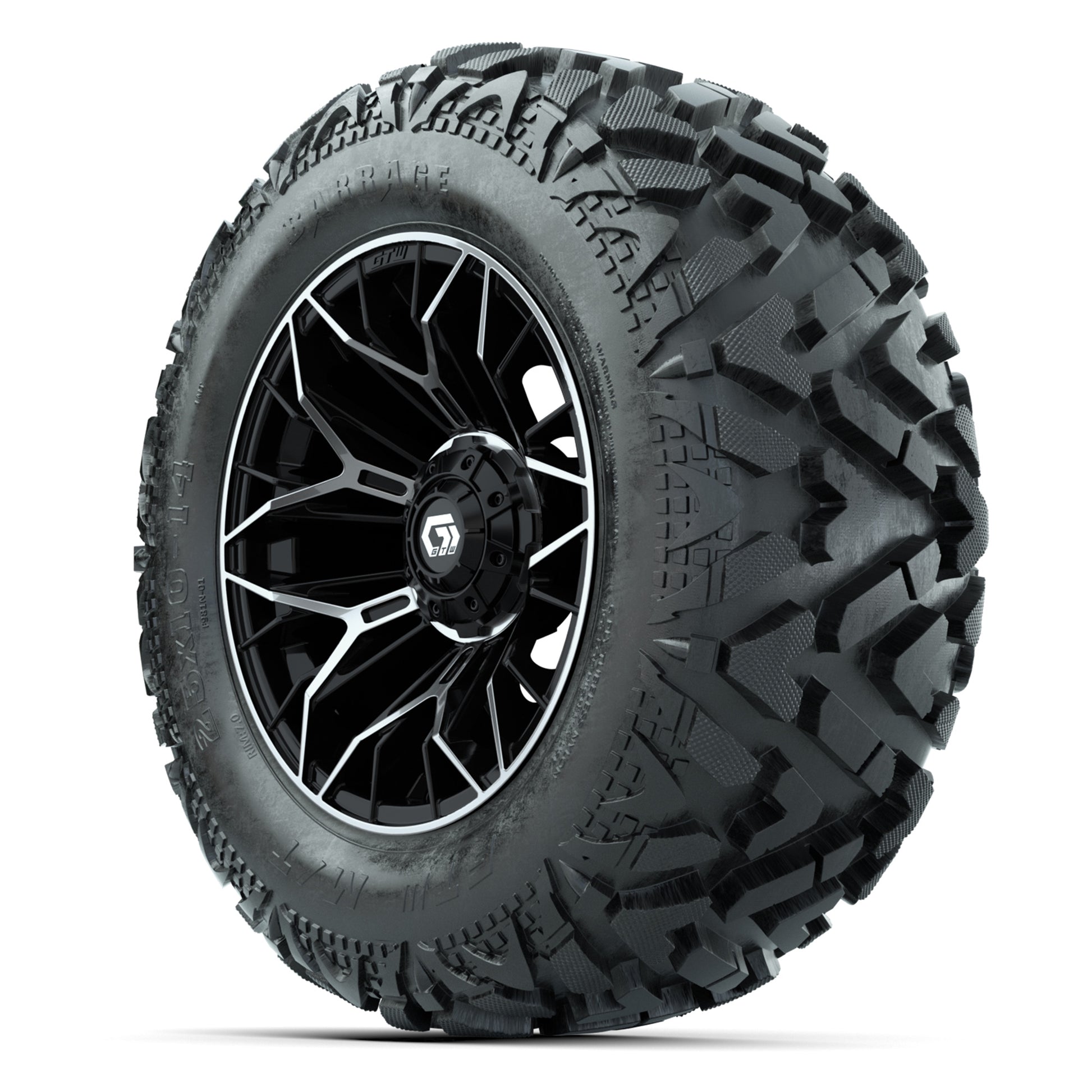 GTW Stellar Black/Machined 14 in Wheels with 25x10-14 Barrage Mud Tires – Full Set