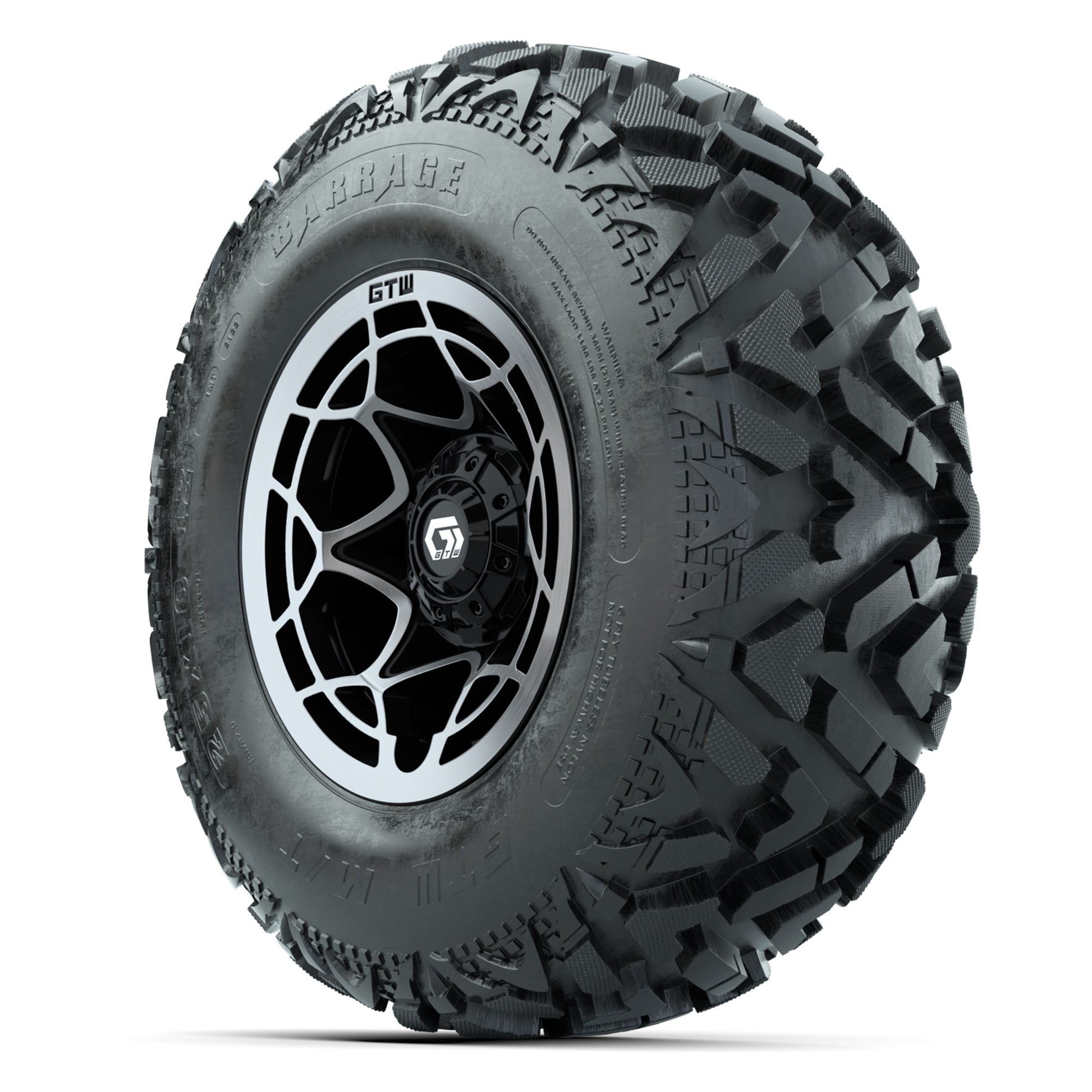 GTW® Nexus Black/Silver 12 in Wheels with 25X10-12 Barrage Mud Tires – Full Set