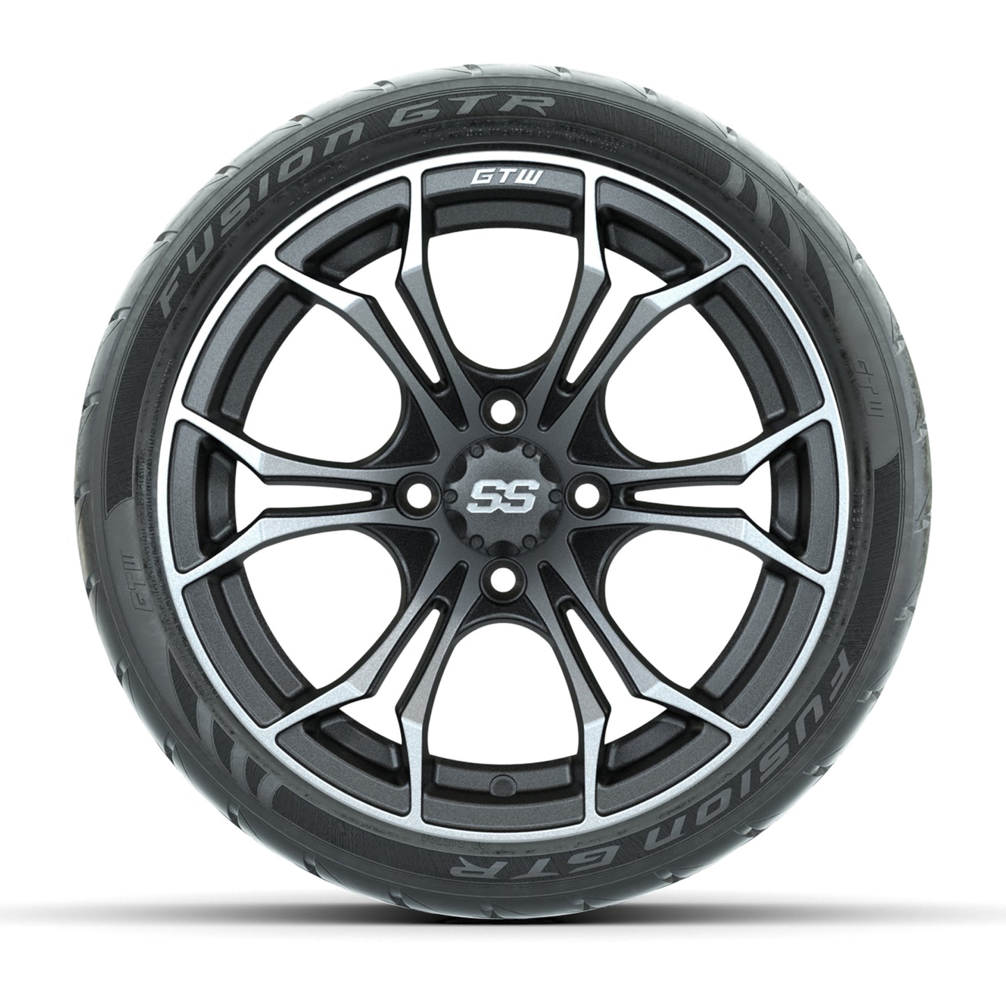 GTW® Spyder Matte Gray/Machined 14 in Wheels with 205/40-R14 Fusion GTR Steel Belt Radial Street Tires – Full Set