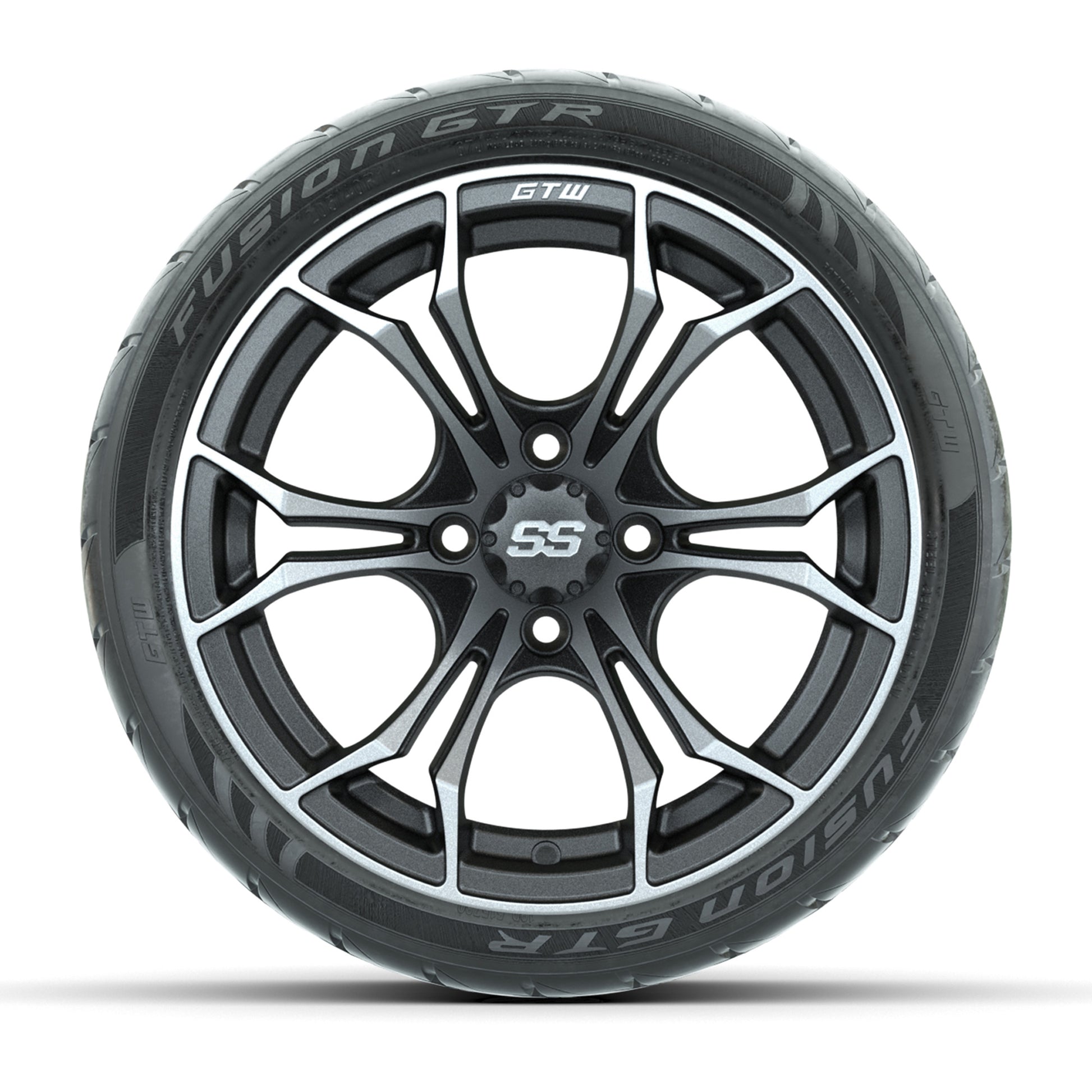GTW® Spyder Matte Gray/Machined 14 in Wheels with 205/40-R14 Fusion GTR Steel Belt Radial Street Tires – Full Set