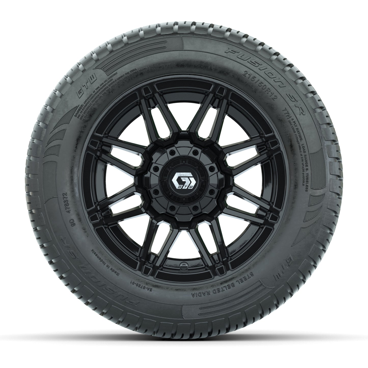 GTW® Stealth Gloss Black 12 in Wheels with 215/50-R12 Fusion S/R Steel Belt Radial Tires – Full Set