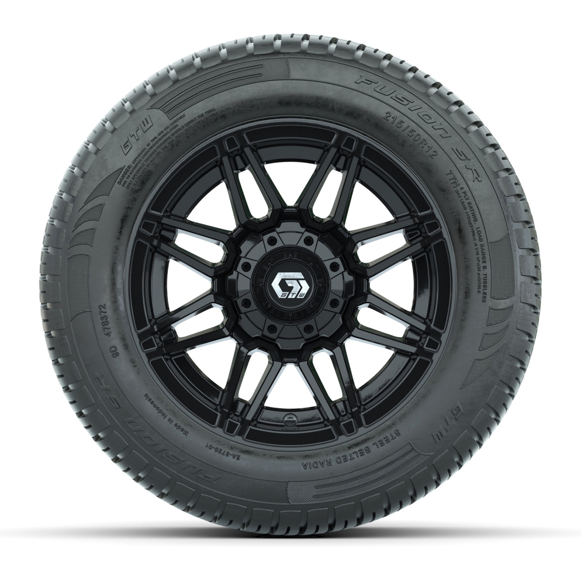 GTW® Stealth Gloss Black 12 in Wheels with 215/50-R12 Fusion S/R Steel Belt Radial Tires – Full Set