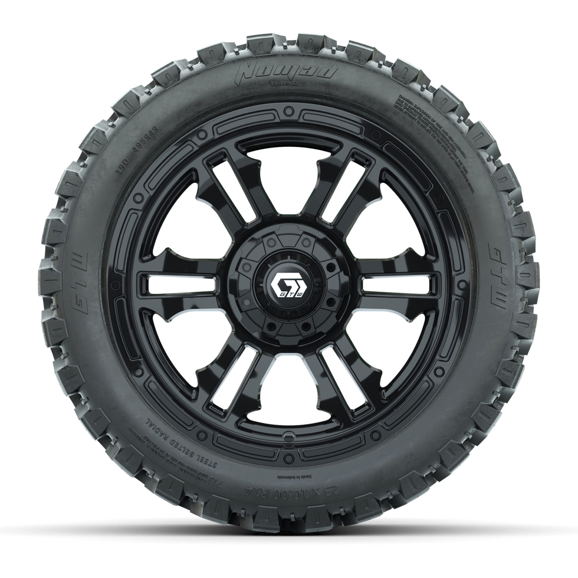 GTW® Shogun Gloss Black 14 in Wheels with 23X10-R14 Nomad Steel Belt Radial All-Terrain Tires – Full Set