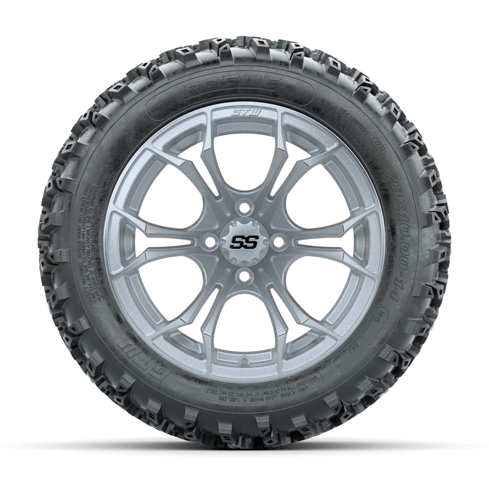 GTW® Spyder Silver Brush 14 in Wheels with 23X10.00-14 Rogue All-Terrain Tires – Full Set
