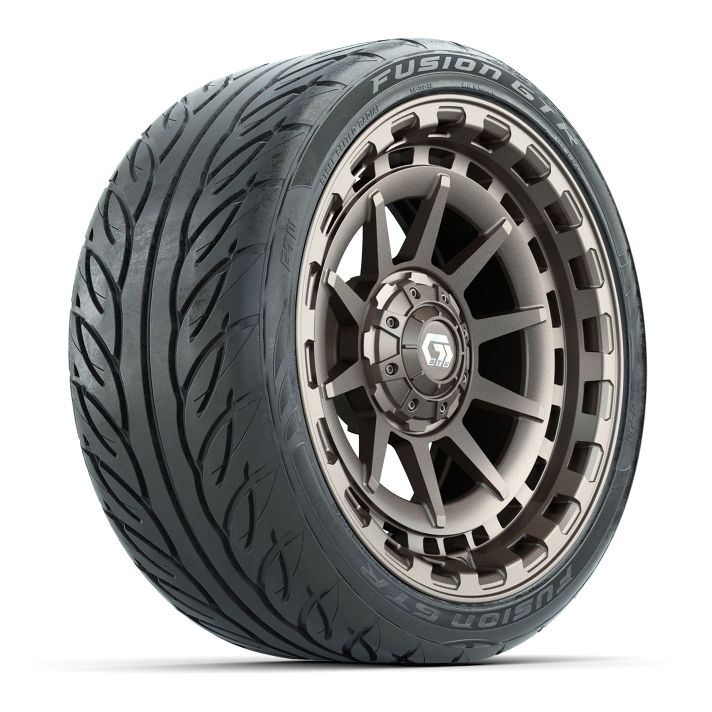 GTW® Barricade Satin Bronze 15 in Wheels with 215/40-R15 Fusion GTR Steel Belted Street Tires – Full Set