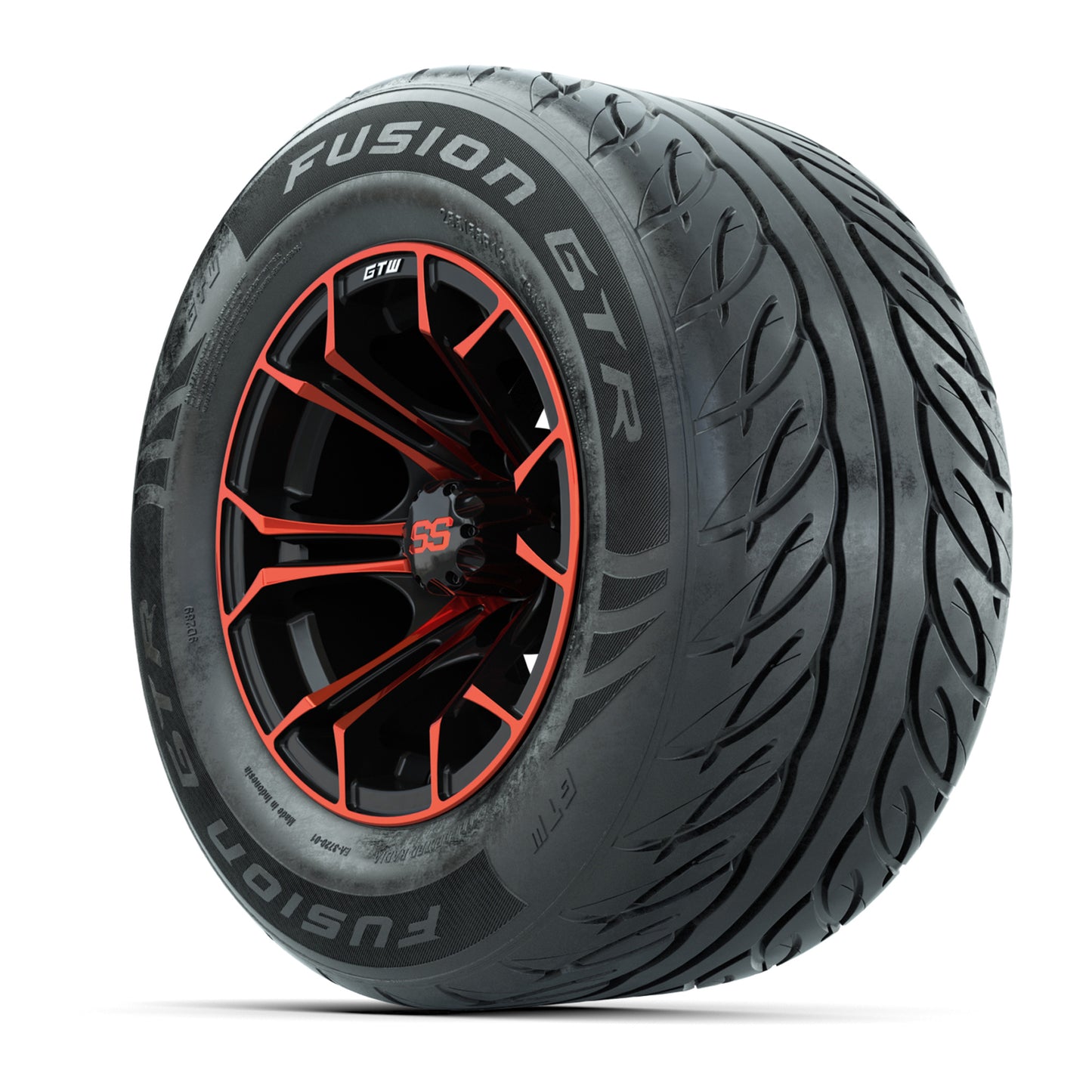 GTW® Spyder Black/Red 12 in Wheels with 255/55-R12 Fusion GTR Steel Belt Radial Street Tires – Full Set