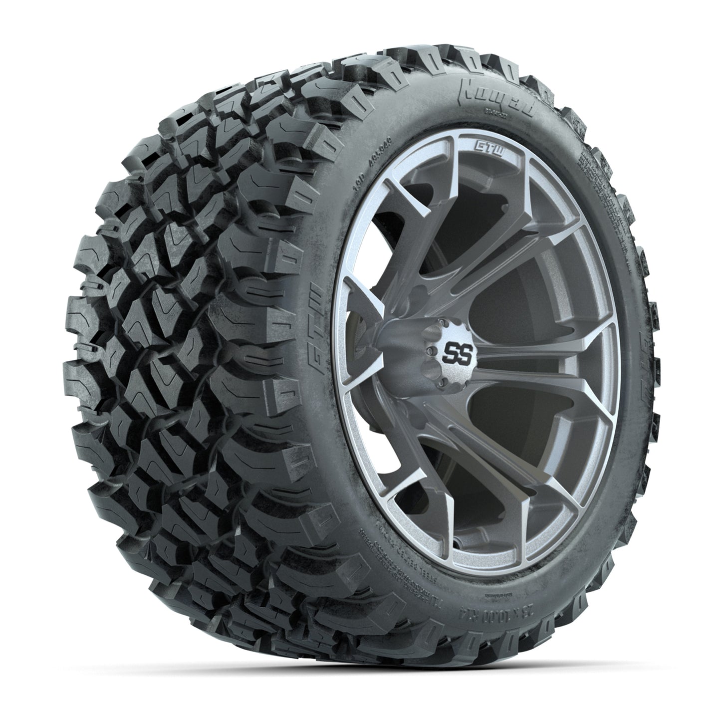 GTW® Spyder Silver Brush 14 in Wheels with 23X10-R14 Nomad Steel Belt Radial All-Terrain Tires – Full Set