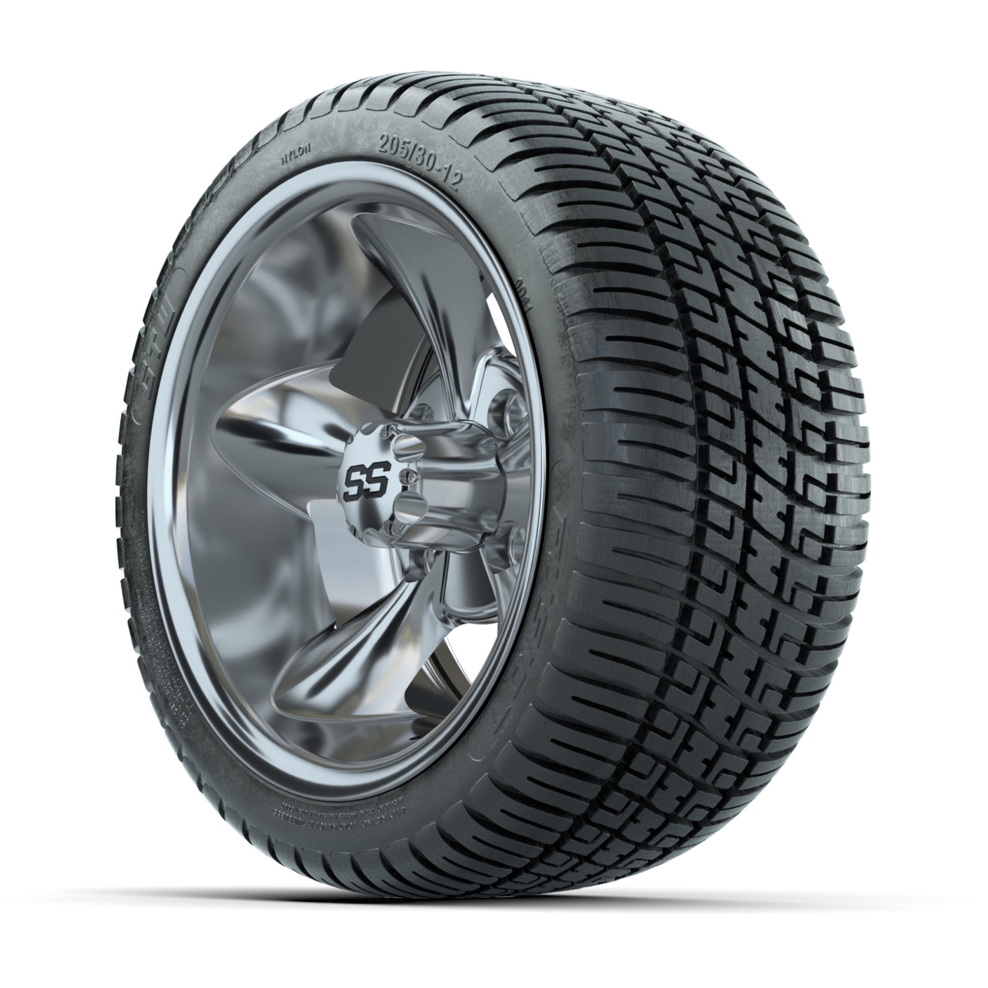 GTW® Godfather Chrome 12 in Wheels with 205/30-12 Fusion Street Tires – Full Set