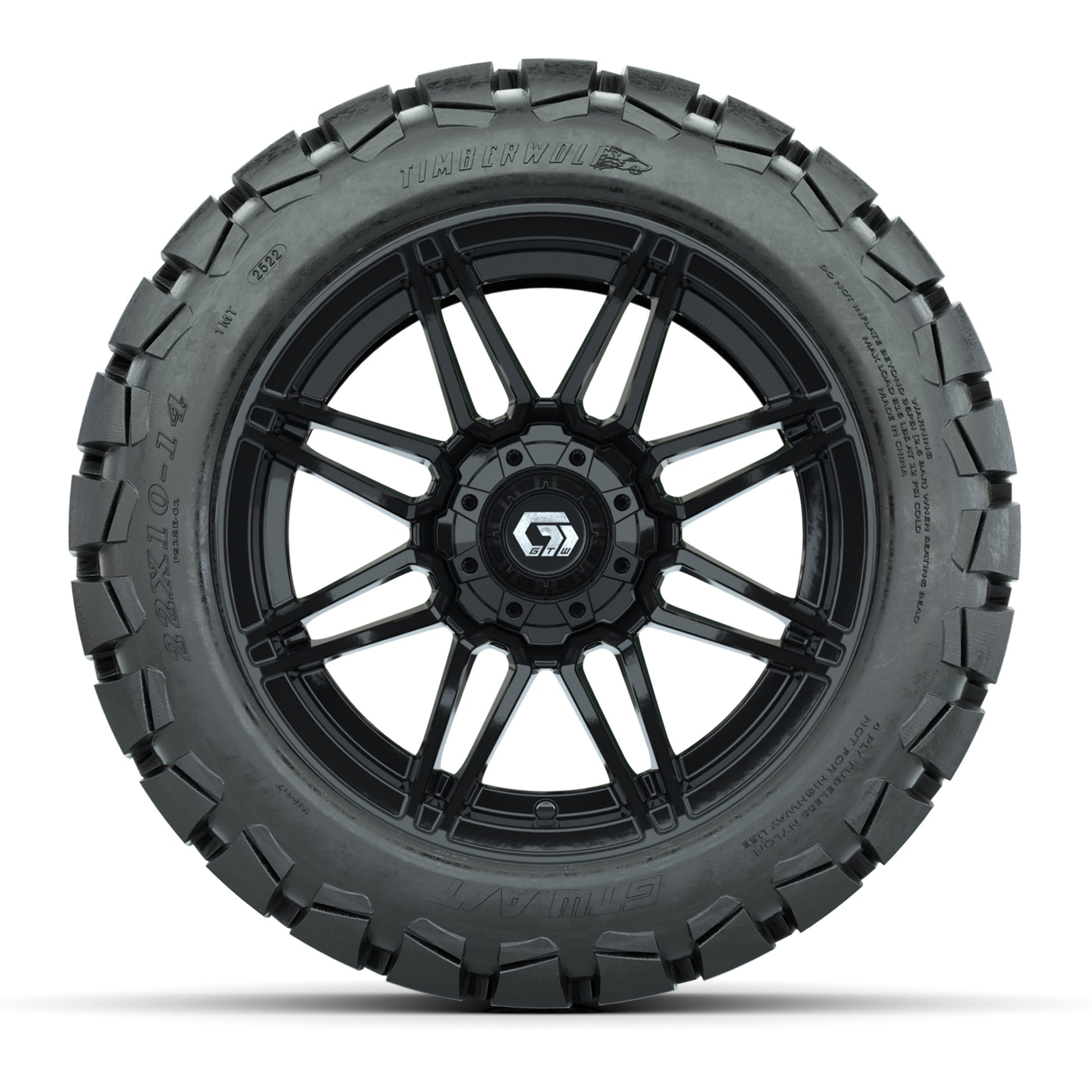 GTW® Stealth Gloss Black 14 in Wheels with 22x10-14 Timberwolf All-Terrain Tires – Full Set