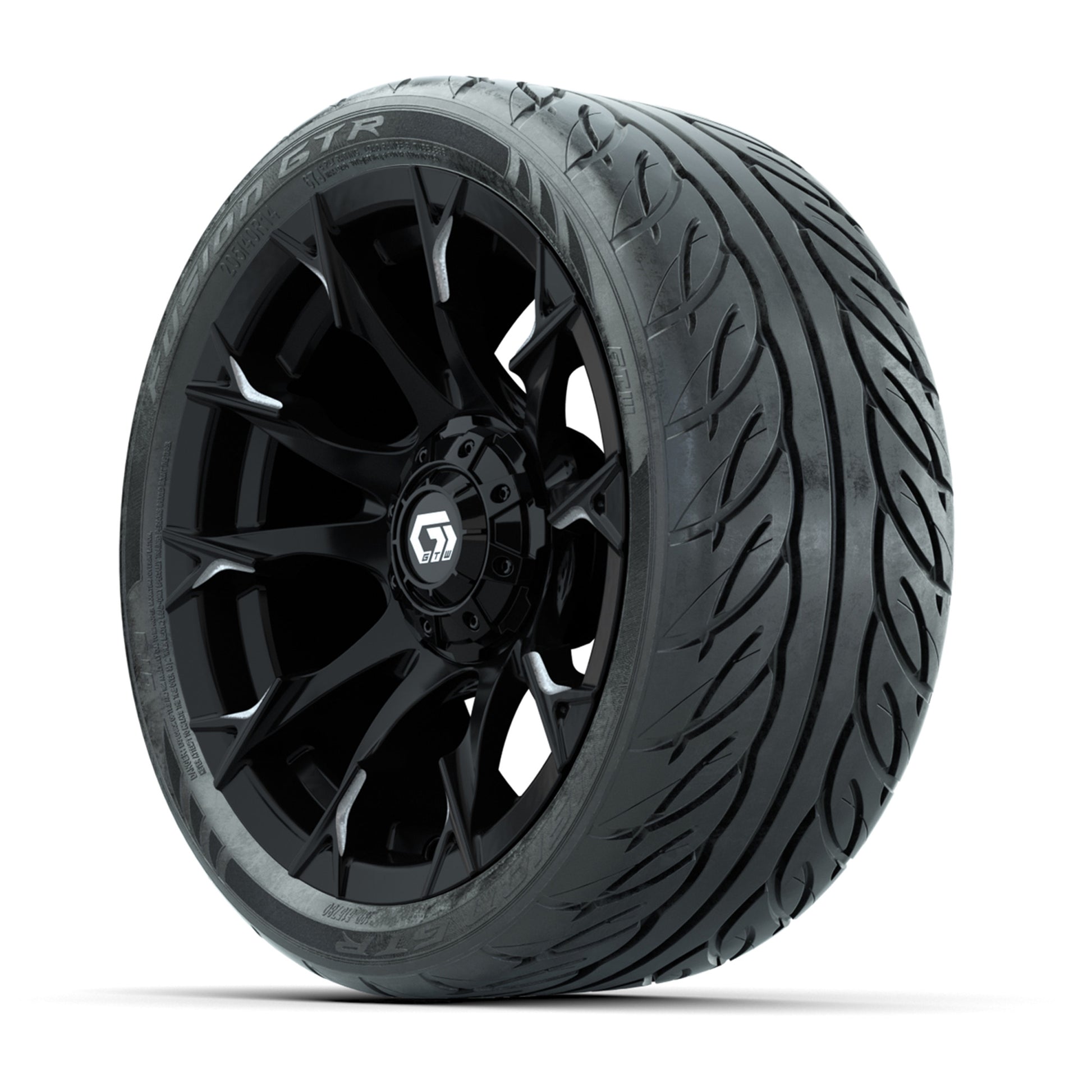 GTW® Diablo Gloss Black/Machined 14 in Wheels with 205/40-R14 Fusion GTR Steel Belted Street Tires – Full Set