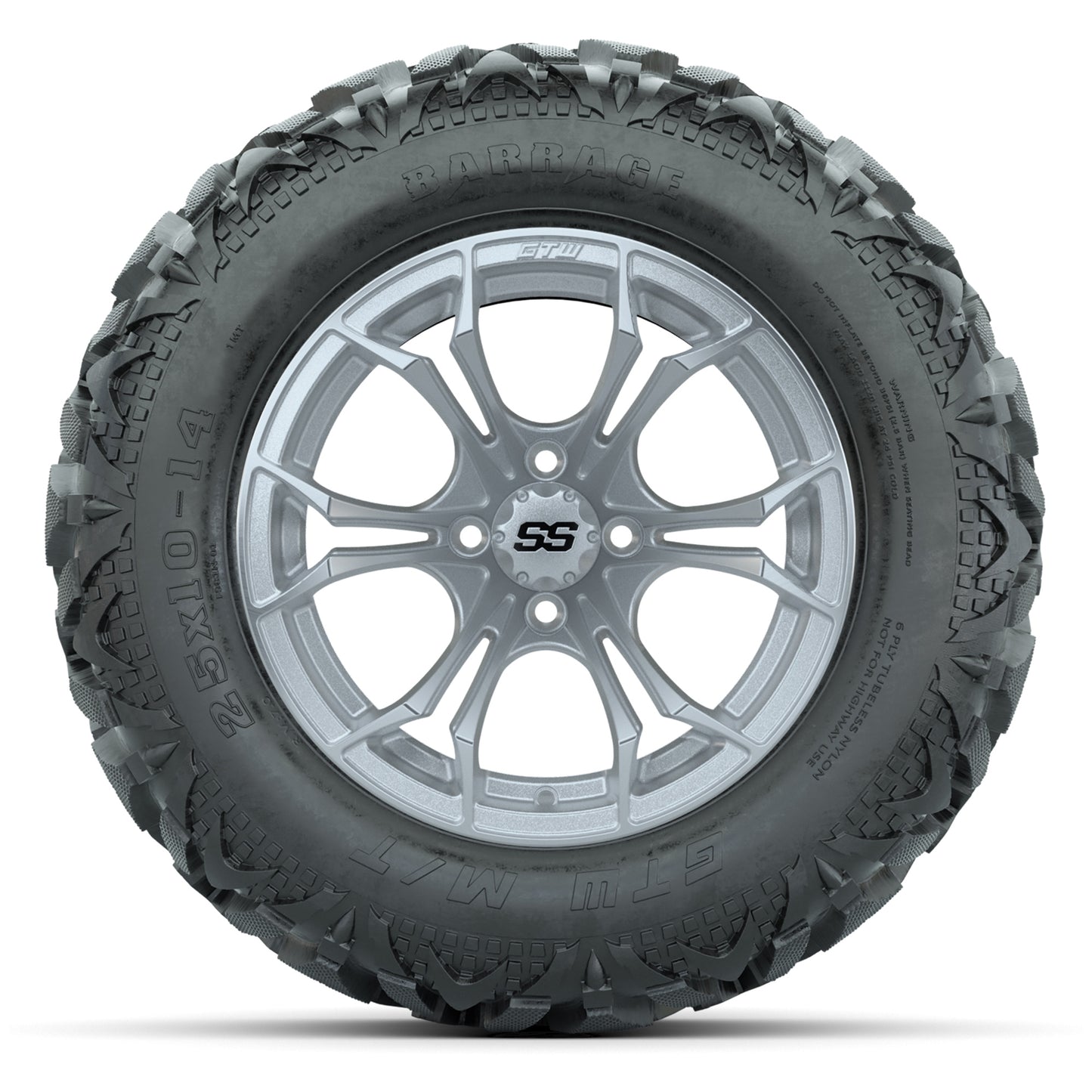 GTW Spyder Silver Brush 14 in Wheels with 25x10-14 Barrage Mud Tires – Full Set