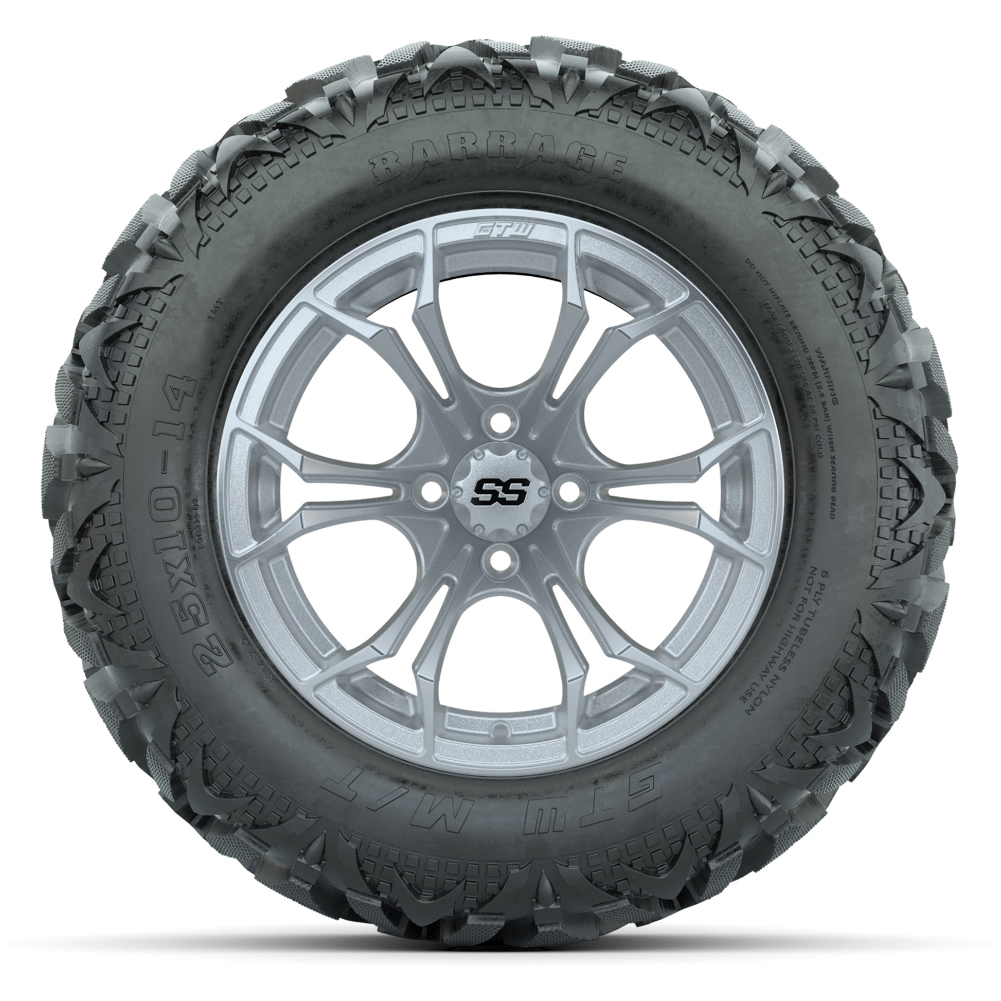 GTW Spyder Silver Brush 14 in Wheels with 25x10-14 Barrage Mud Tires – Full Set