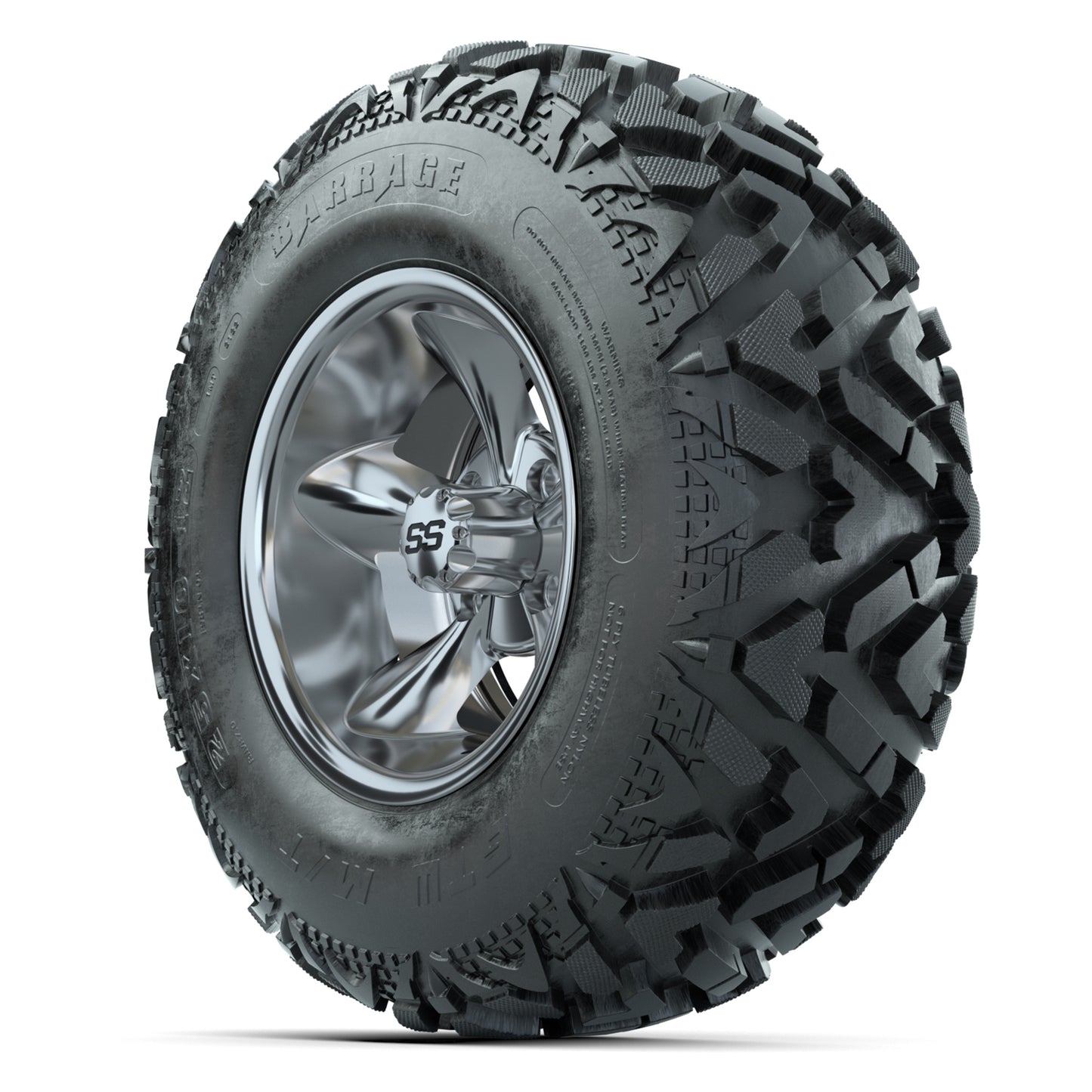 GTW® Godfather Chrome 12 in Wheels with 25X10-12 Barrage Mud Tires – Full Set