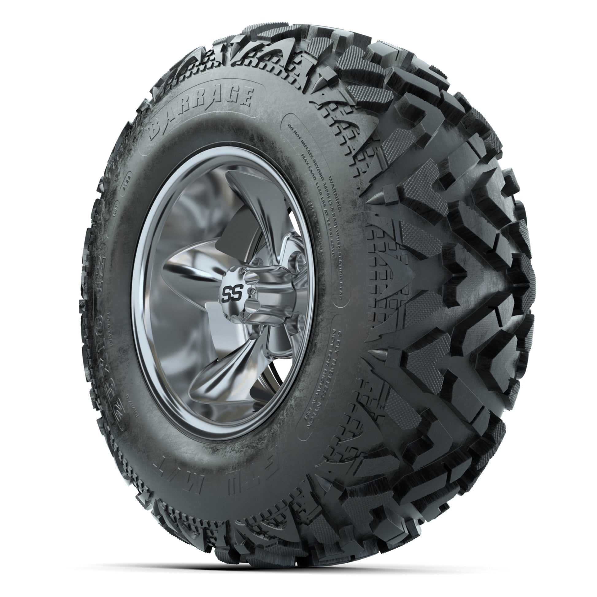 GTW® Godfather Chrome 12 in Wheels with 25X10-12 Barrage Mud Tires – Full Set