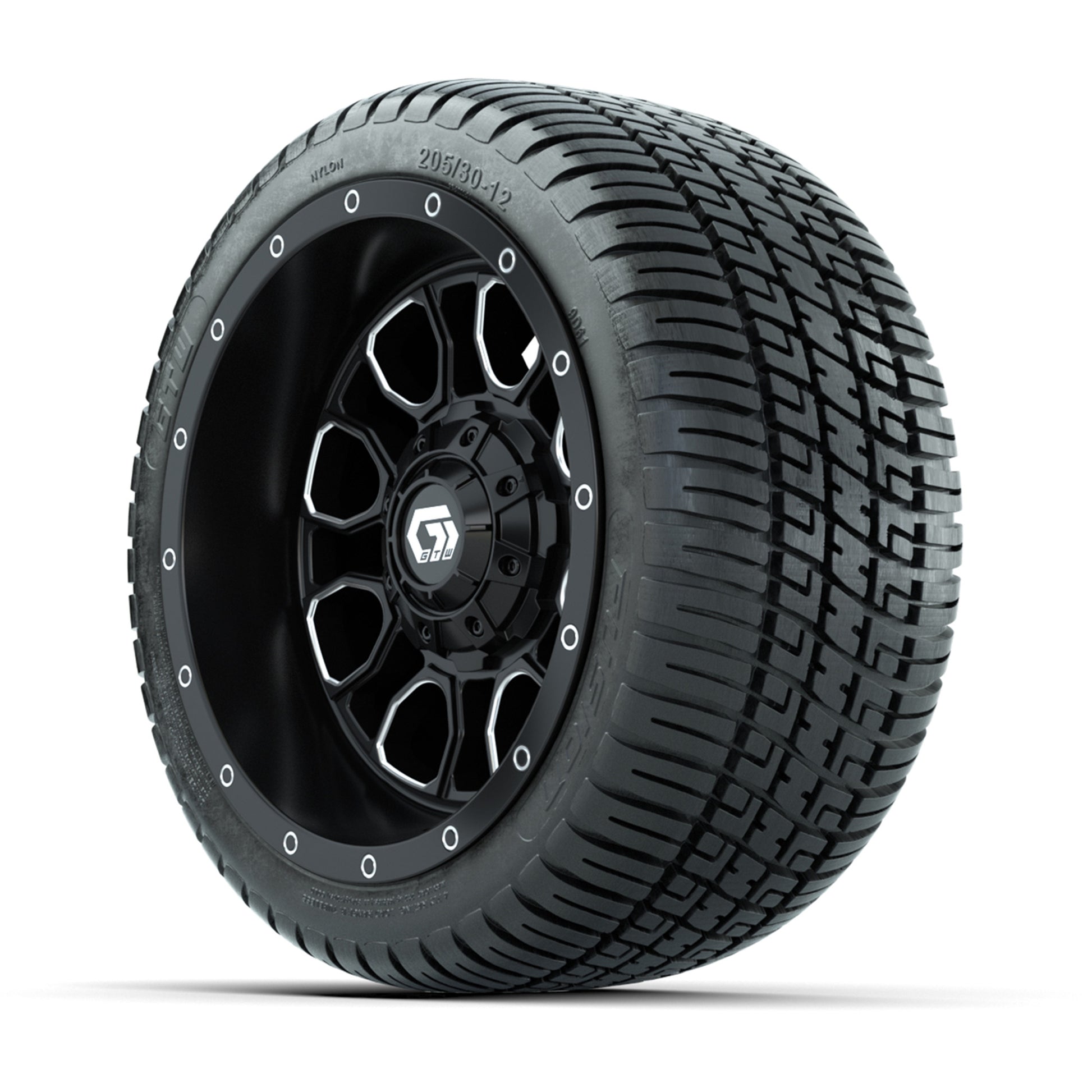 GTW® Volt Black/Machined 12 in Wheels with 205/30-12 Fusion Street Tires – Full Set