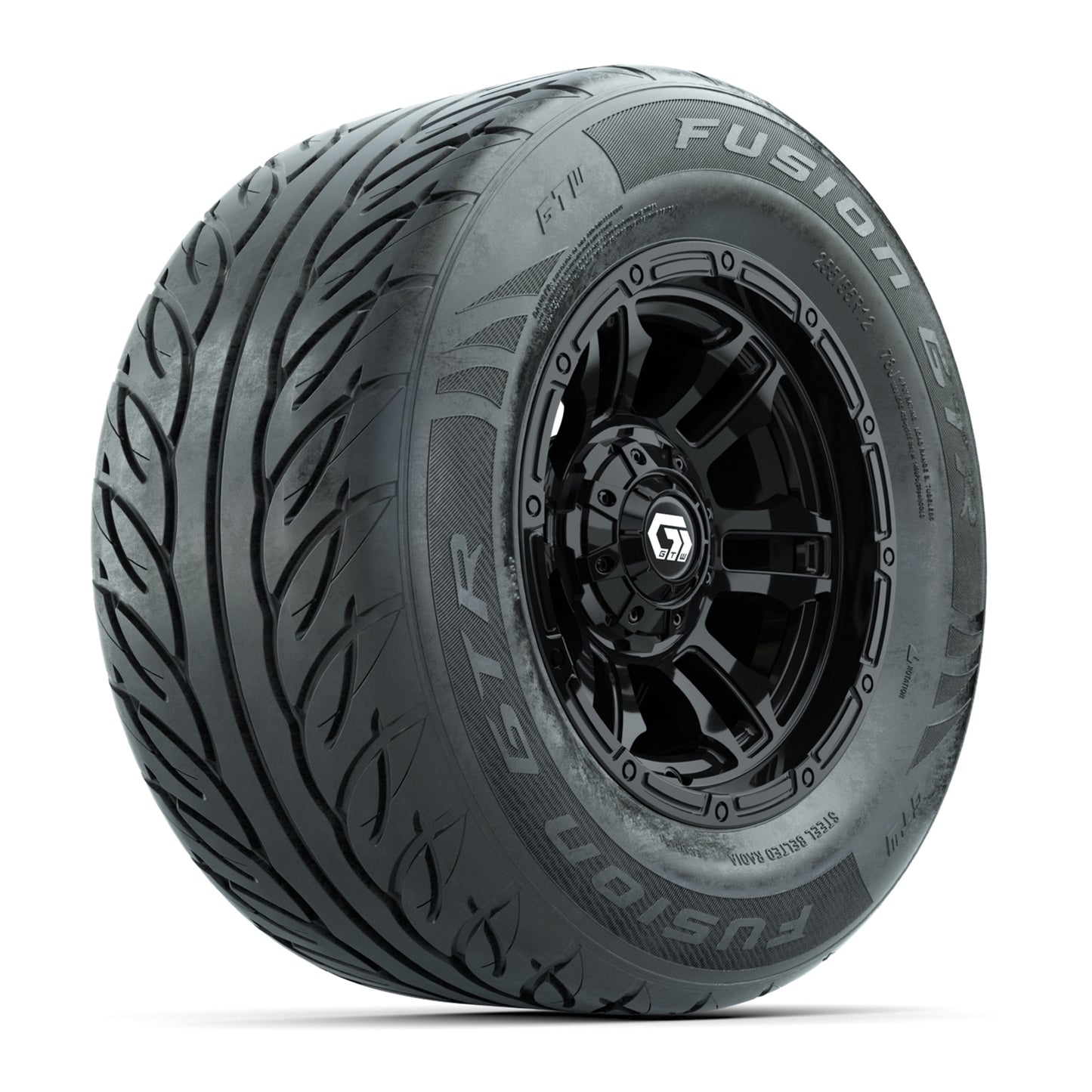 GTW® Shogun Gloss Black 12 in Wheels with 255/55-R12 Fusion GTR Steel Belt Radial Street Tires – Full Set