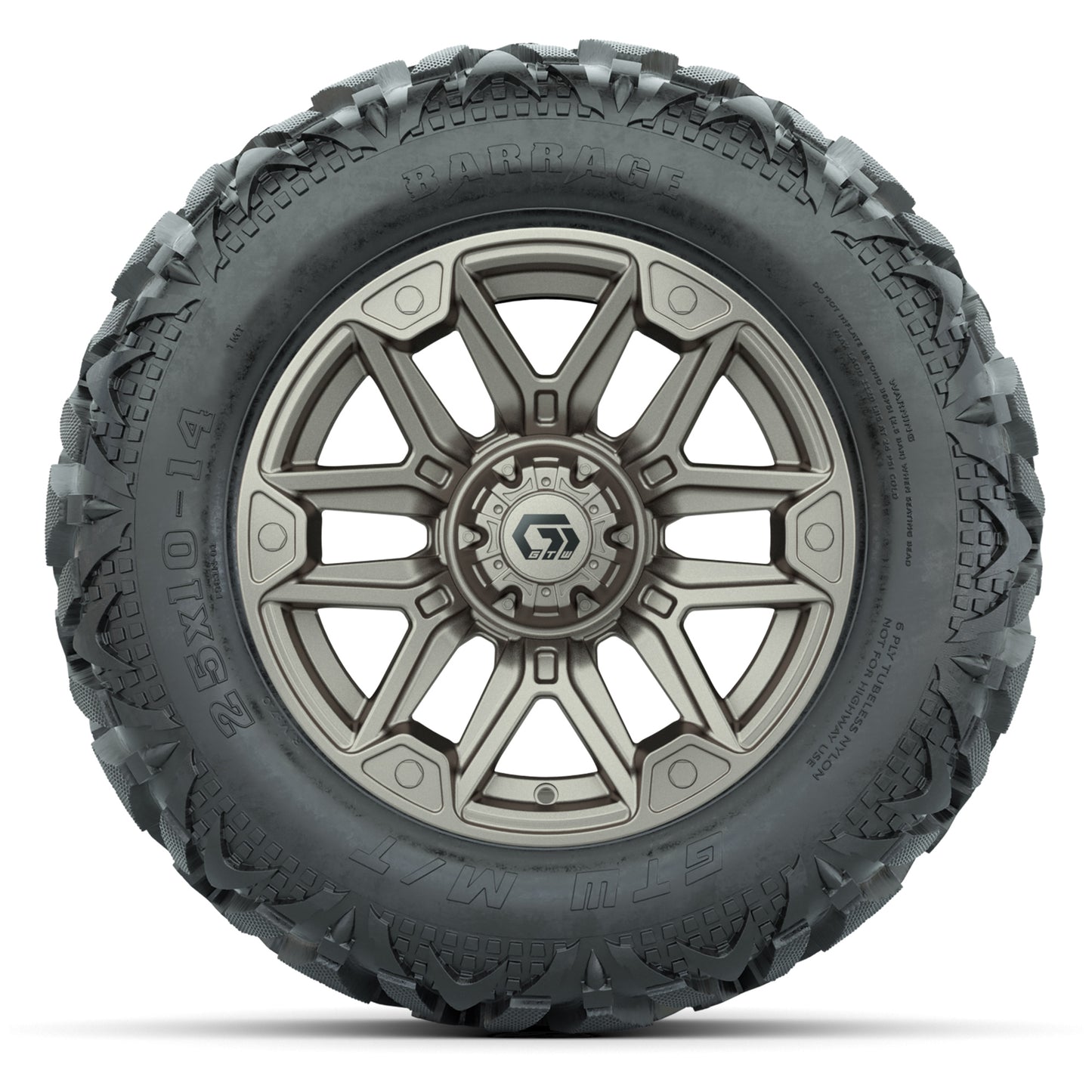 GTW Graffiti Bronze/Black 14 in Wheels with 25x10-14 Barrage Mud Tires – Full Set