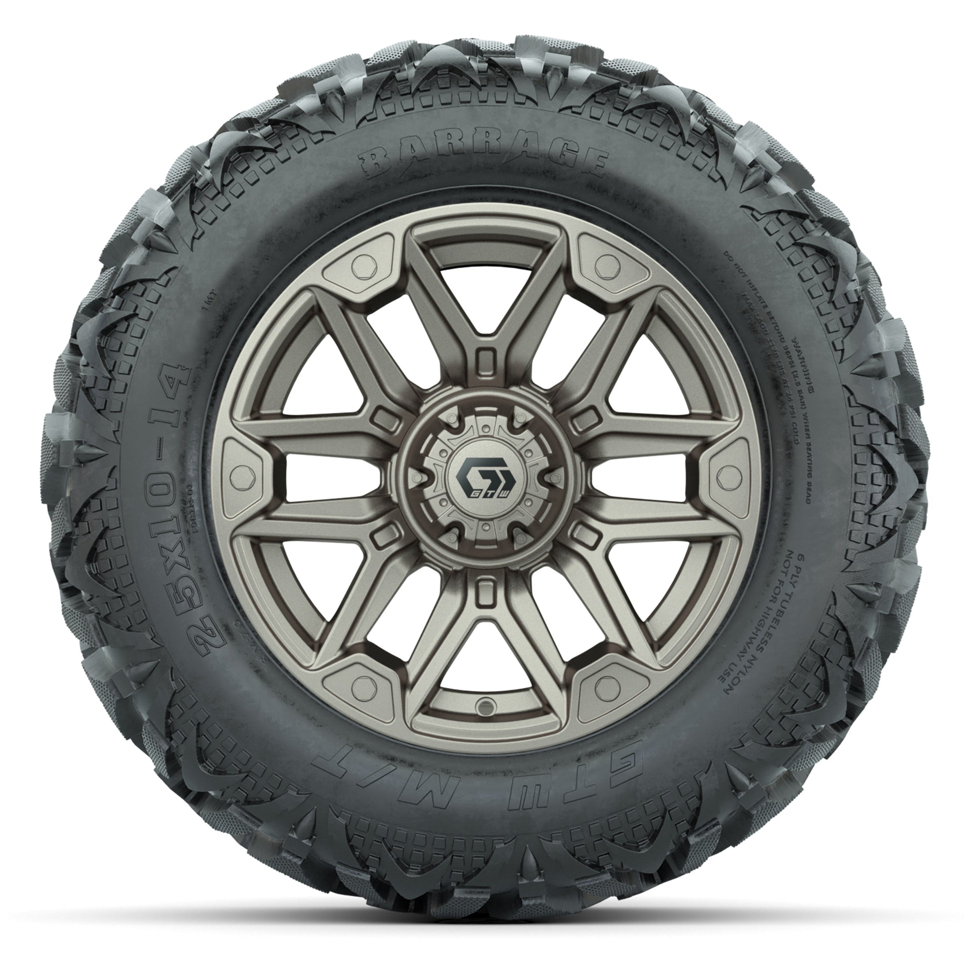 GTW Graffiti Bronze/Black 14 in Wheels with 25x10-14 Barrage Mud Tires – Full Set