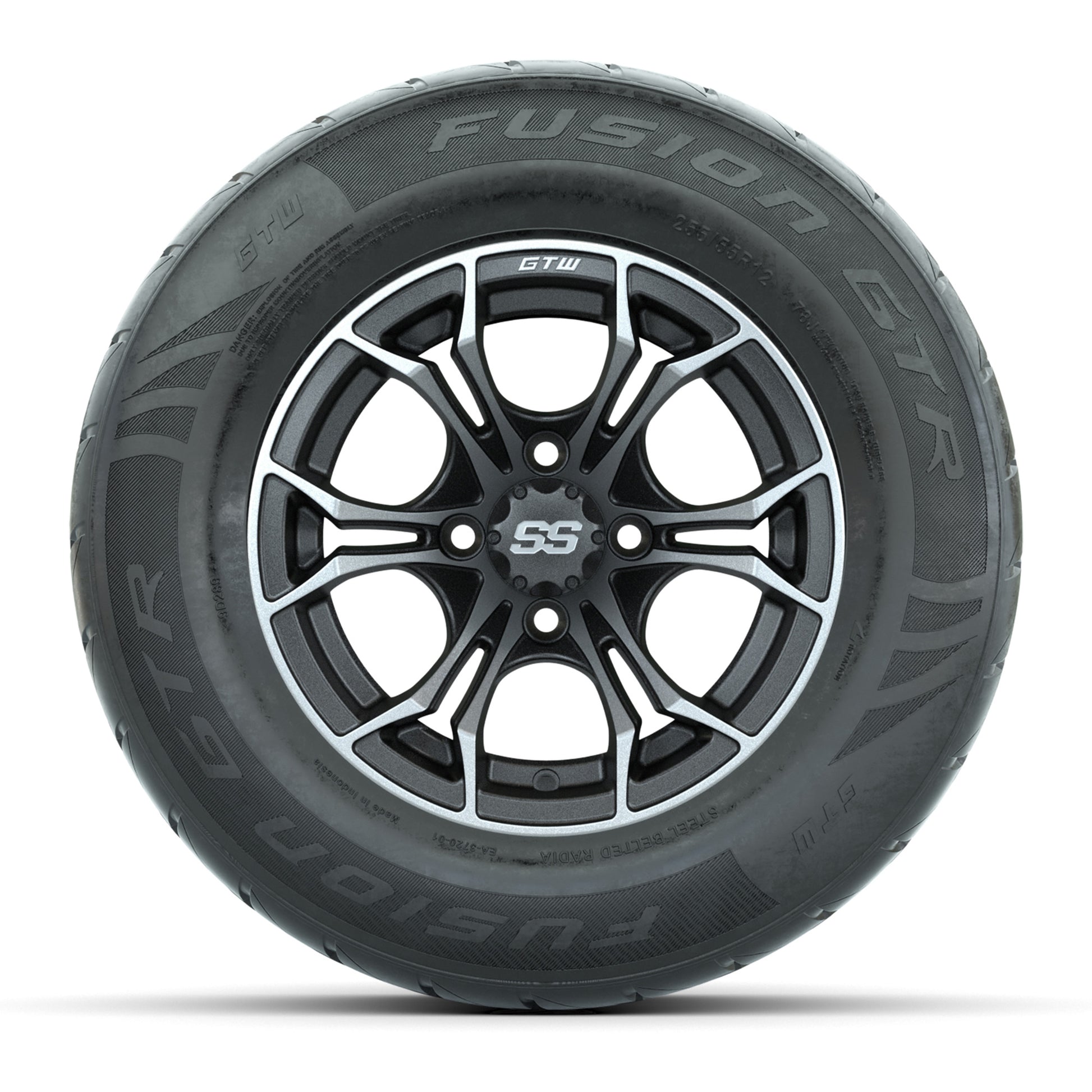GTW® Spyder Matte Gray/Machined 12 in Wheels with 255/55-R12 Fusion GTR Steel Belt Radial Street Tires – Full Set