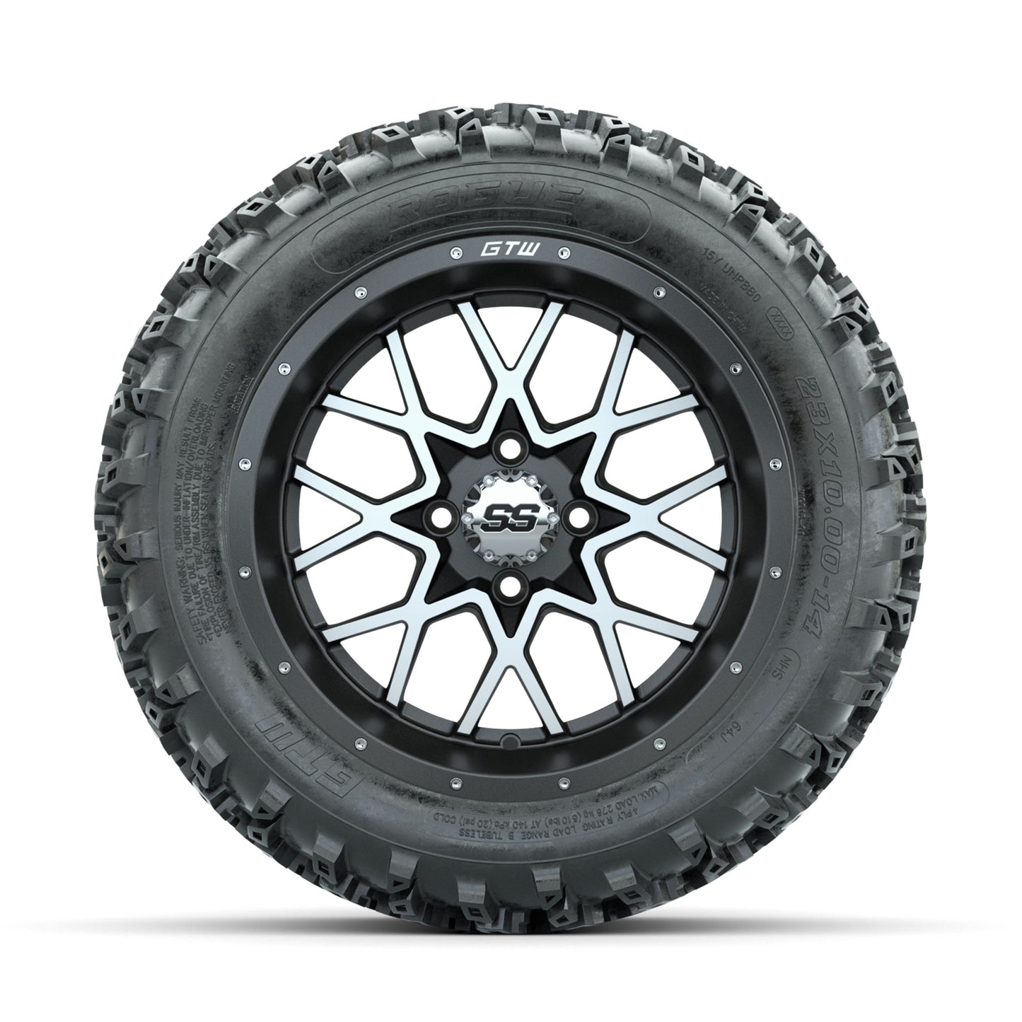 GTW Vortex Machined/Matte Grey 14 in Wheels with 23x10.00-14 Rogue All Terrain Tires - Full Set