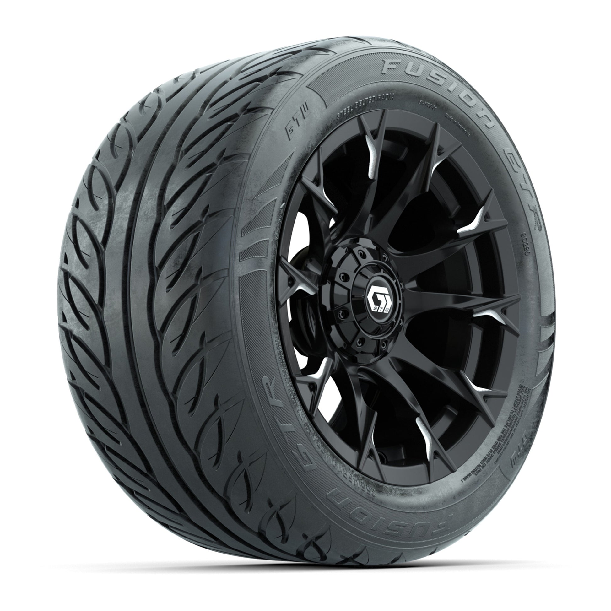 GTW® Diablo Gloss Black/Machined 14 in Wheels with 255/45-R14 Fusion GTR Steel Belt Radial Street Tires – Full Set