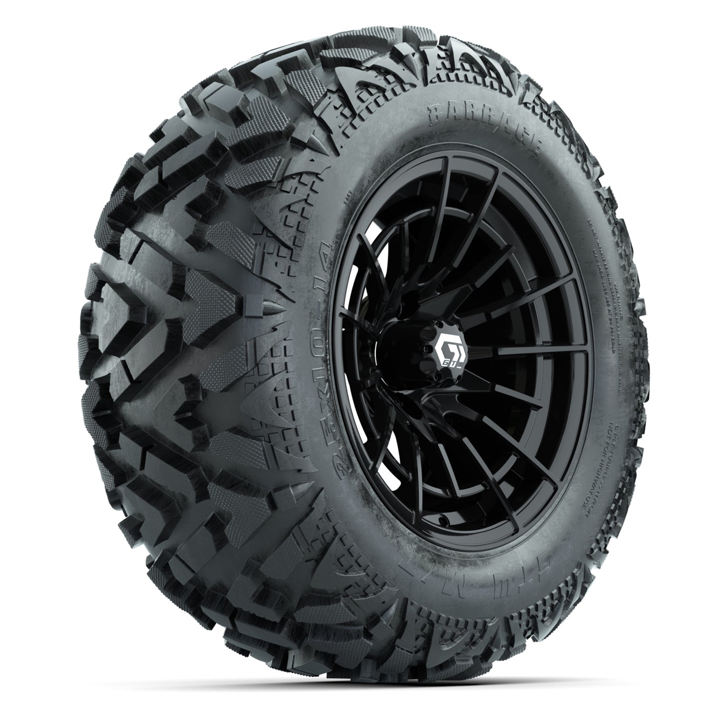 GTW Boost Gloss Black 14 in Wheels with 25x10-14 Barrage Mud Tires – Full Set