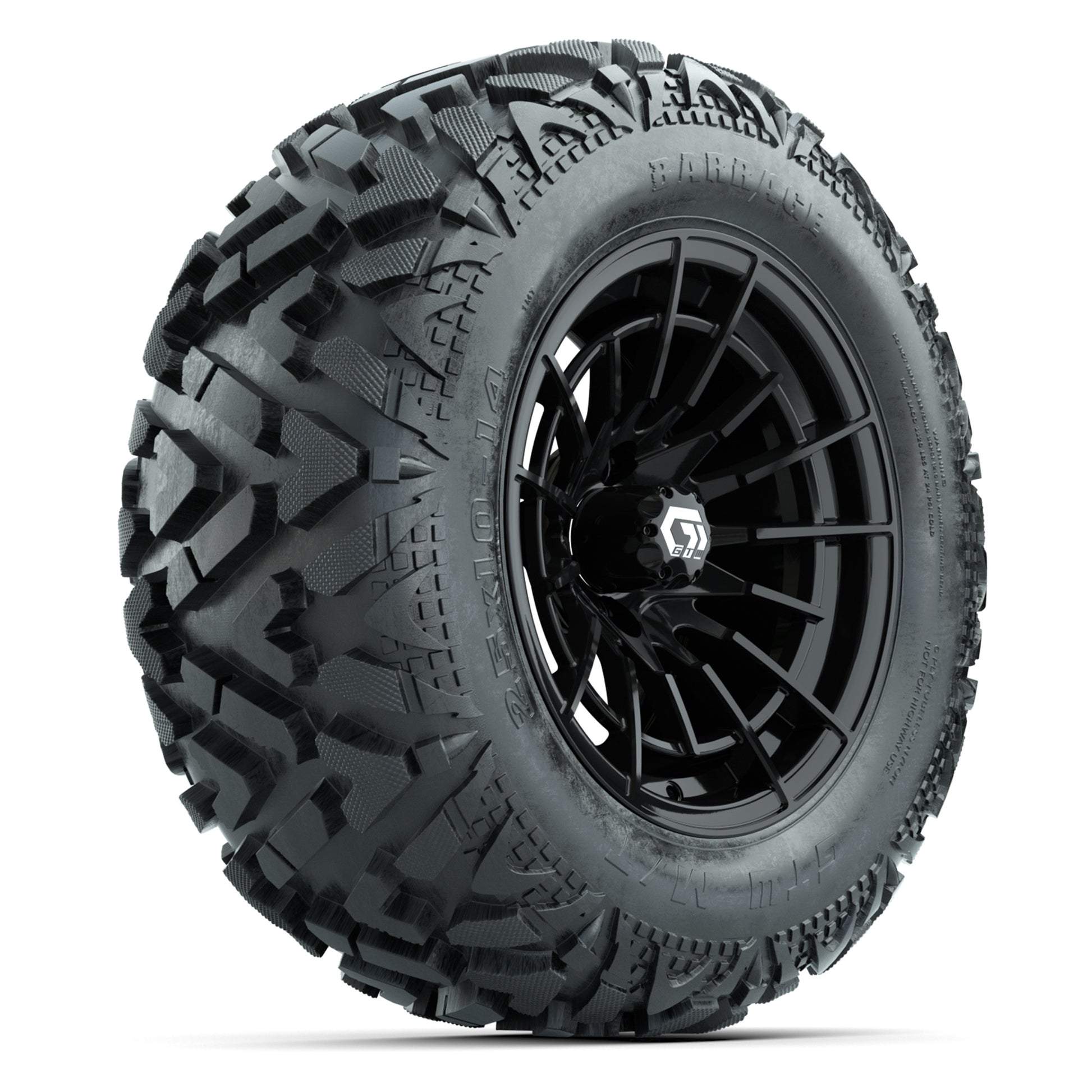 GTW Boost Gloss Black 14 in Wheels with 25x10-14 Barrage Mud Tires – Full Set