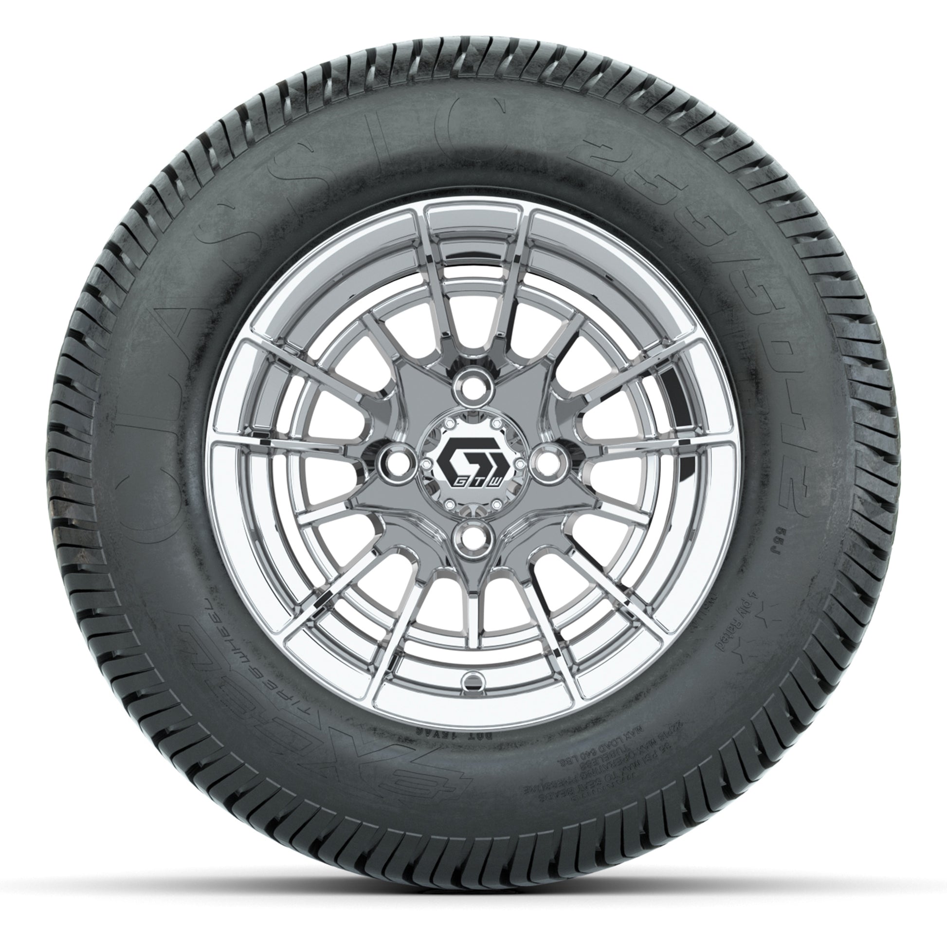 GTW® Boost Chrome 12 in Wheels with 255/50-12 Excel Classic Street Tires – Full Set