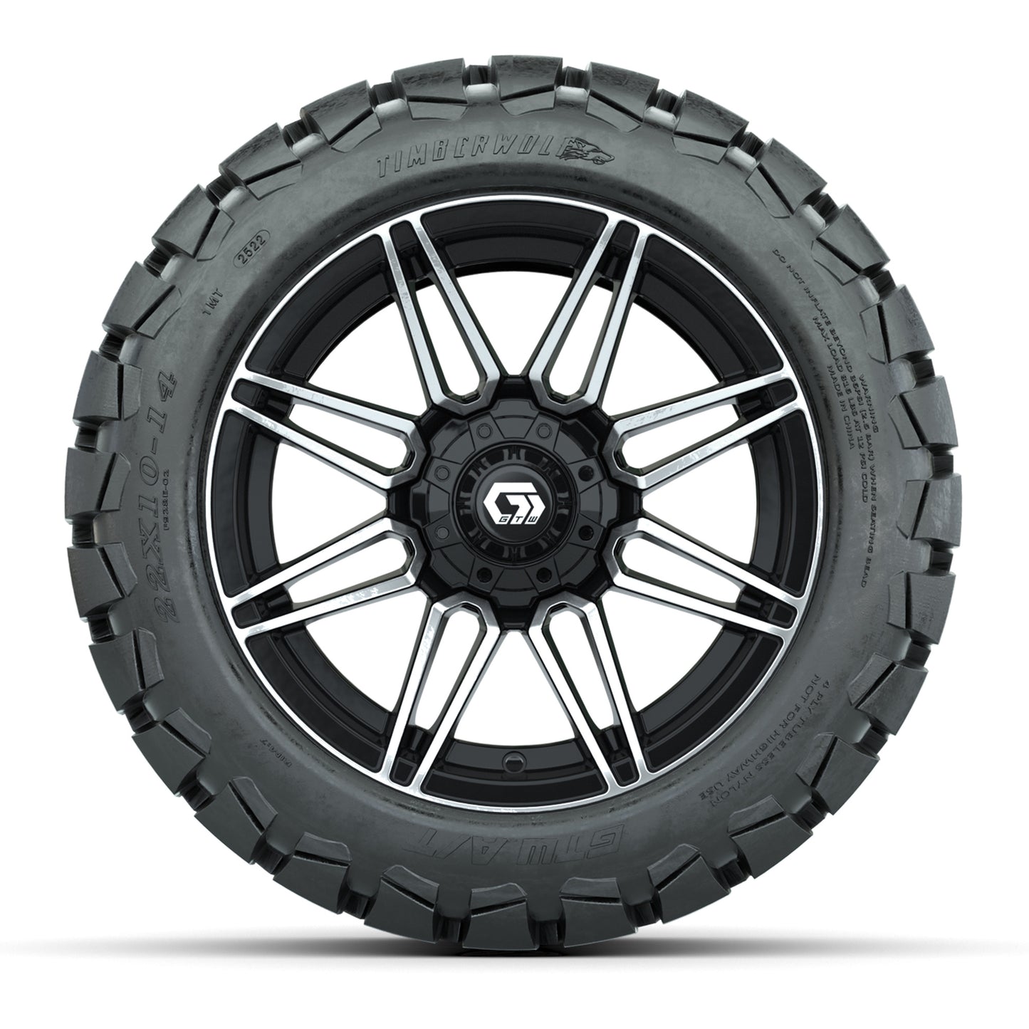 GTW® Stealth Gloss Black/Machined 14 in Wheels with 22x10-14 Timberwolf All-Terrain Tires – Full Set