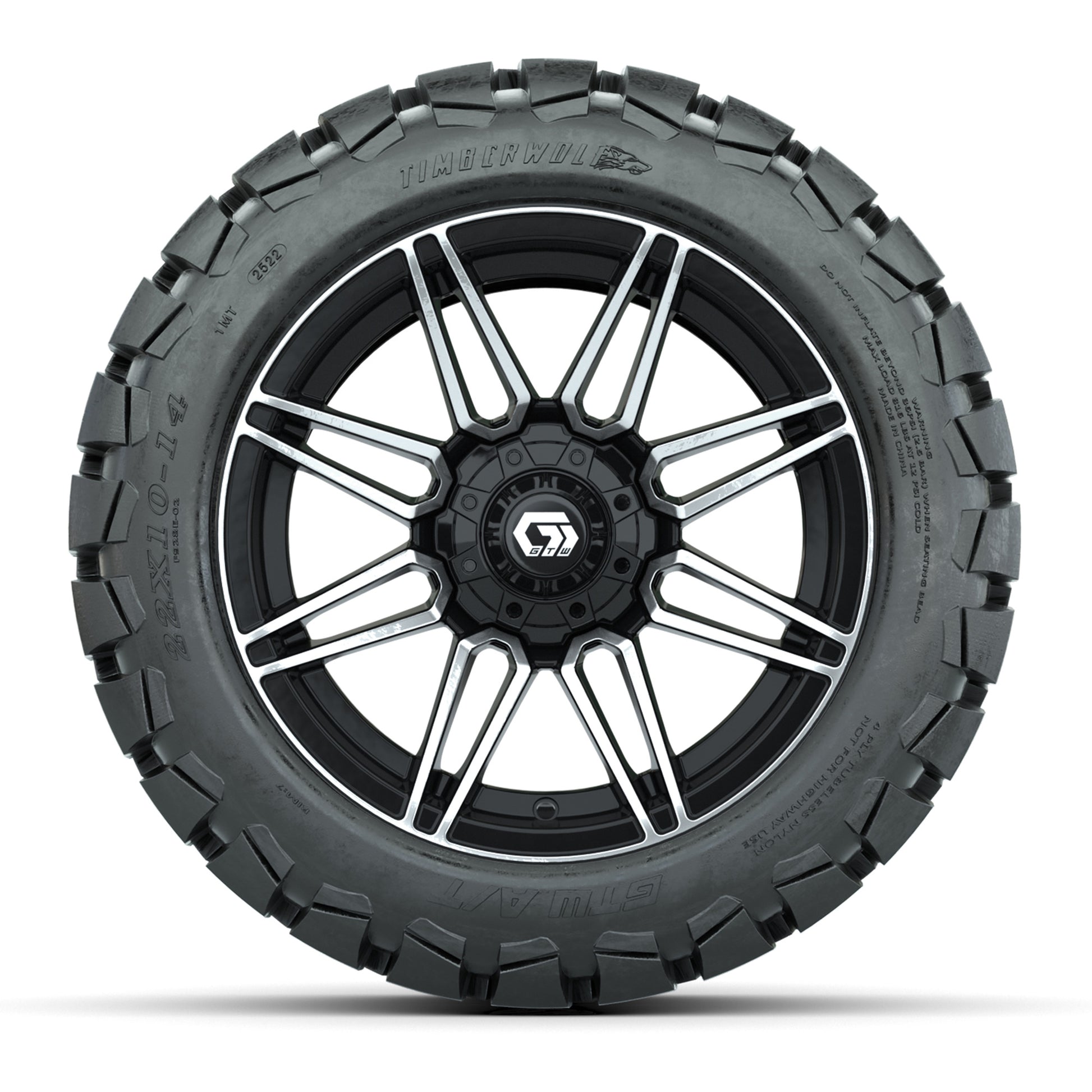 GTW® Stealth Gloss Black/Machined 14 in Wheels with 22x10-14 Timberwolf All-Terrain Tires – Full Set