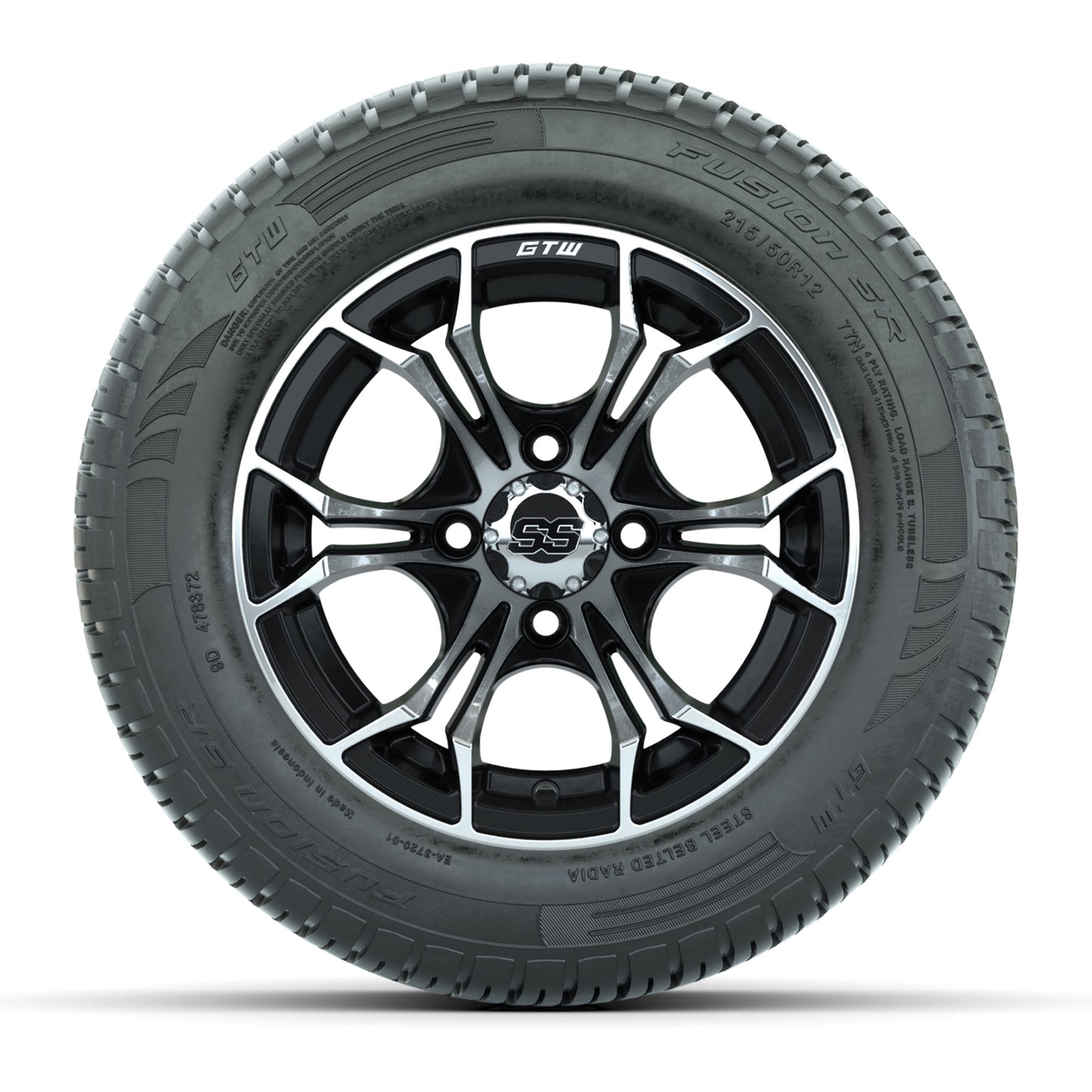 GTW Spyder Machined/Black 12 in Wheels with 215/50-R12 Fusion S/R Street Tires – Full Set