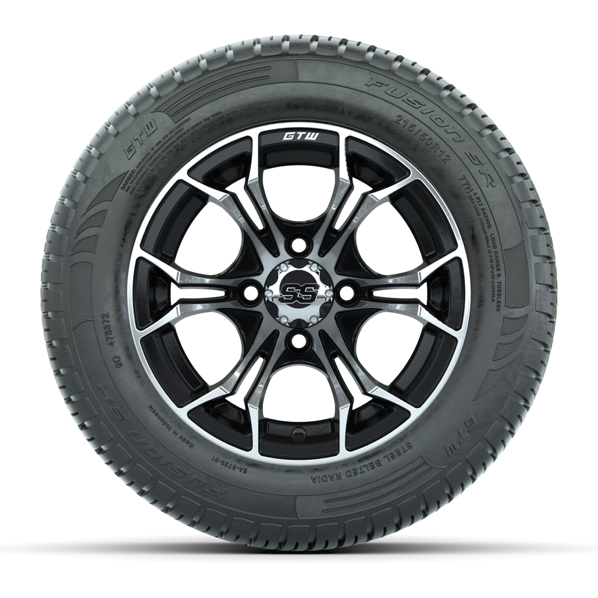 GTW Spyder Machined/Black 12 in Wheels with 215/50-R12 Fusion S/R Street Tires – Full Set