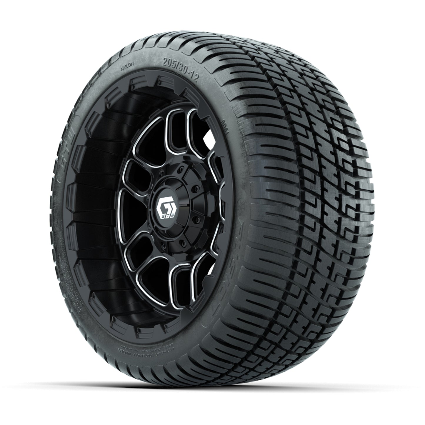 GTW® Titan Black/Machined 12 in Wheels with 205/30-12 Fusion Street Tires – Full Set