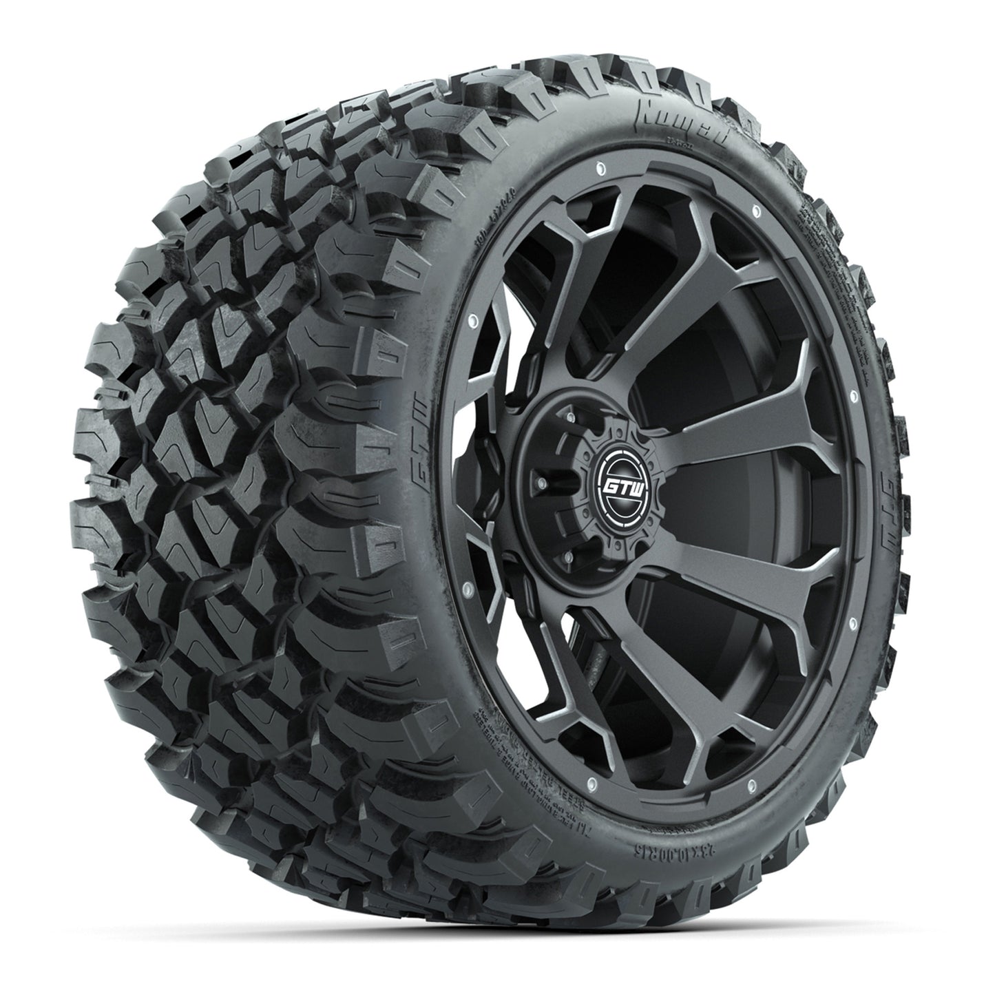 Set of (4) 15″ GTW Raven Matte Gray Wheels with 23x10-R15 Nomad All-Terrain Tires