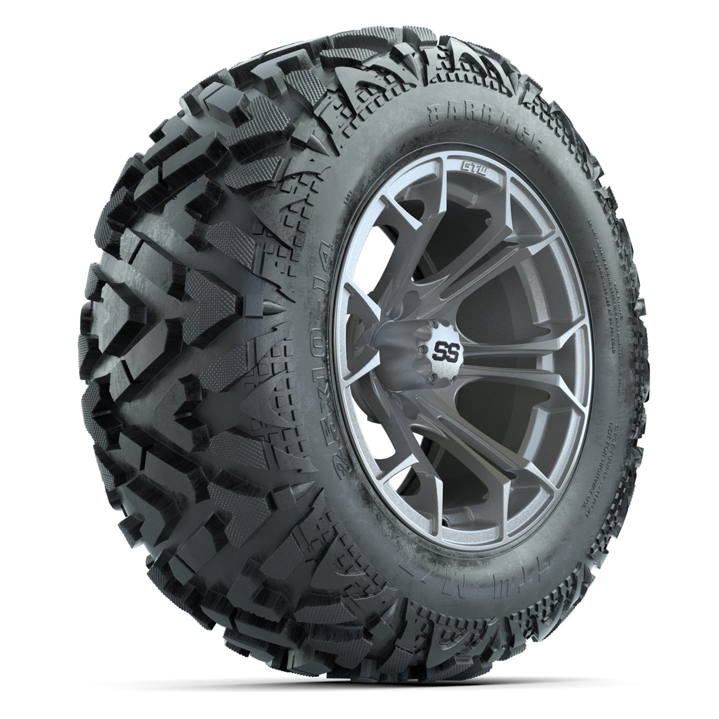 GTW Spyder Silver Brush 14 in Wheels with 25x10-14 Barrage Mud Tires – Full Set