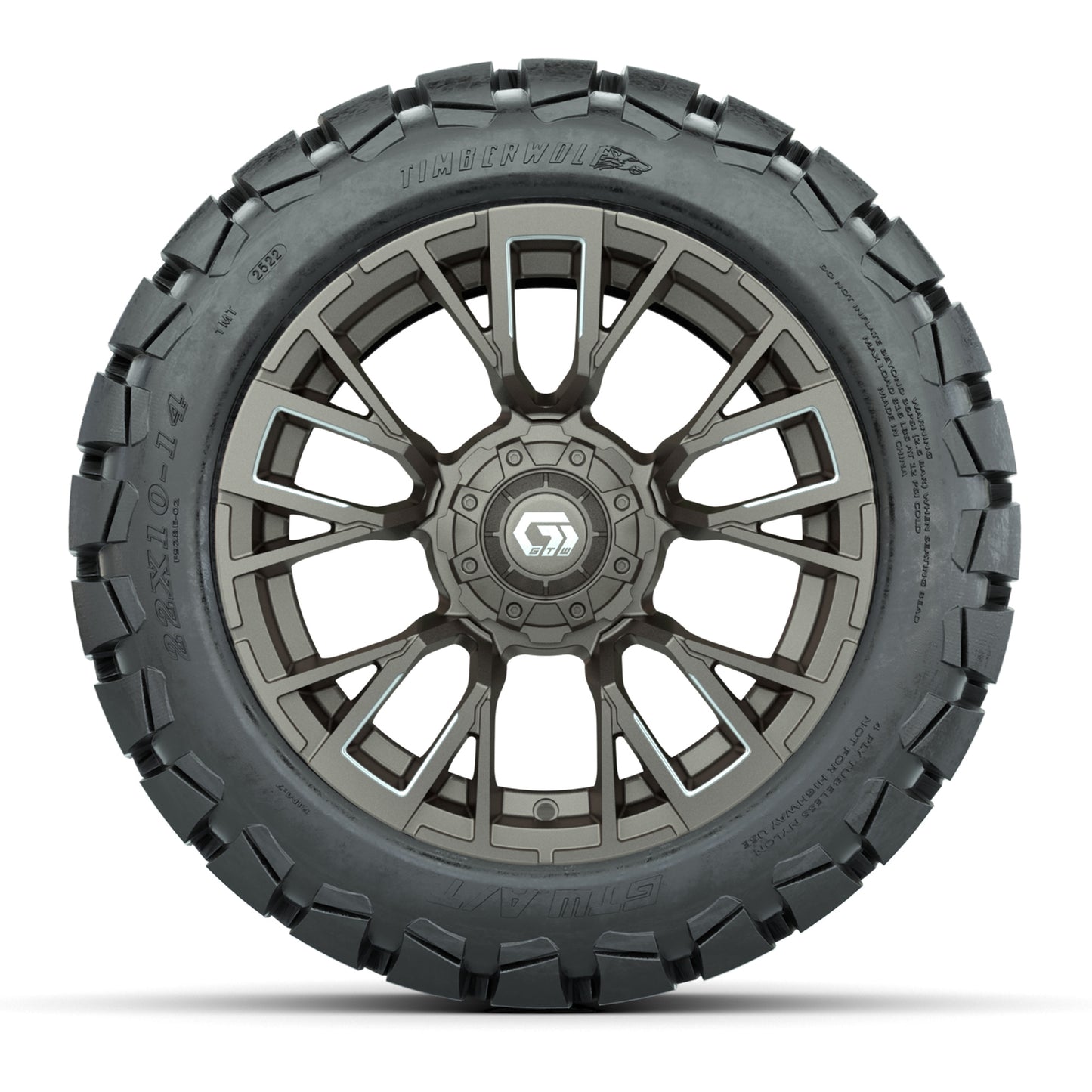 GTW® Vandal Satin Bronze/Machined 14 in Wheels with 22x10-14 Timberwolf All-Terrain Tires – Full Set