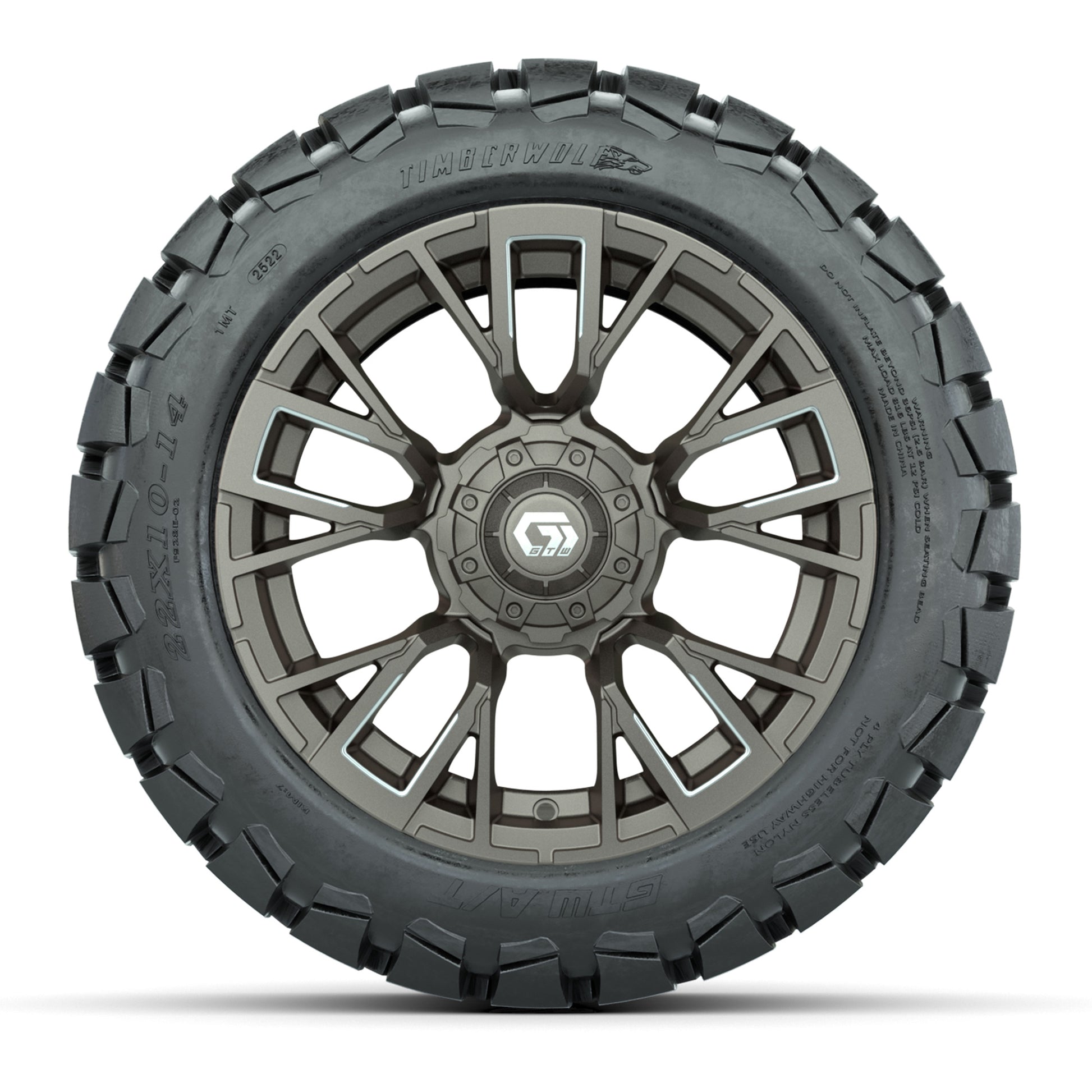 GTW® Vandal Satin Bronze/Machined 14 in Wheels with 22x10-14 Timberwolf All-Terrain Tires – Full Set